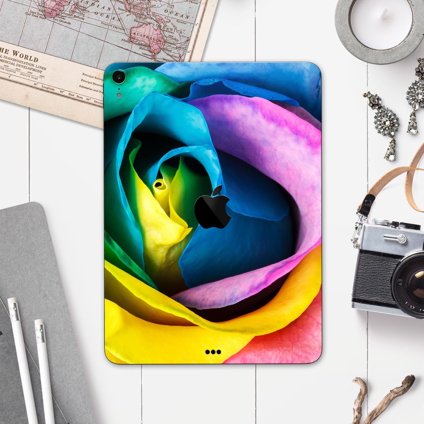 Rainbow Dyed Rose V3 skin decal for Apple iPad Pro, showcasing vibrant colors and premium 3M material for protection.