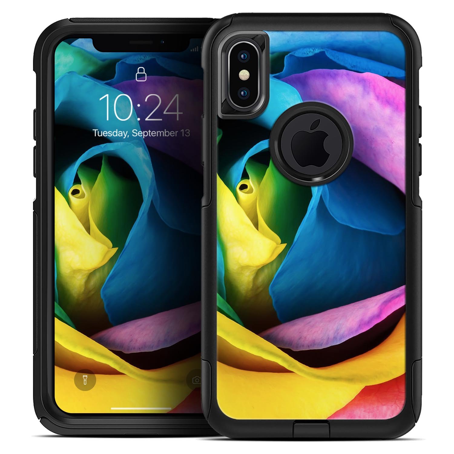 Rainbow Dyed Rose V3 Skin Kit for iPhone OtterBox Cases featuring vibrant colors and intricate design.