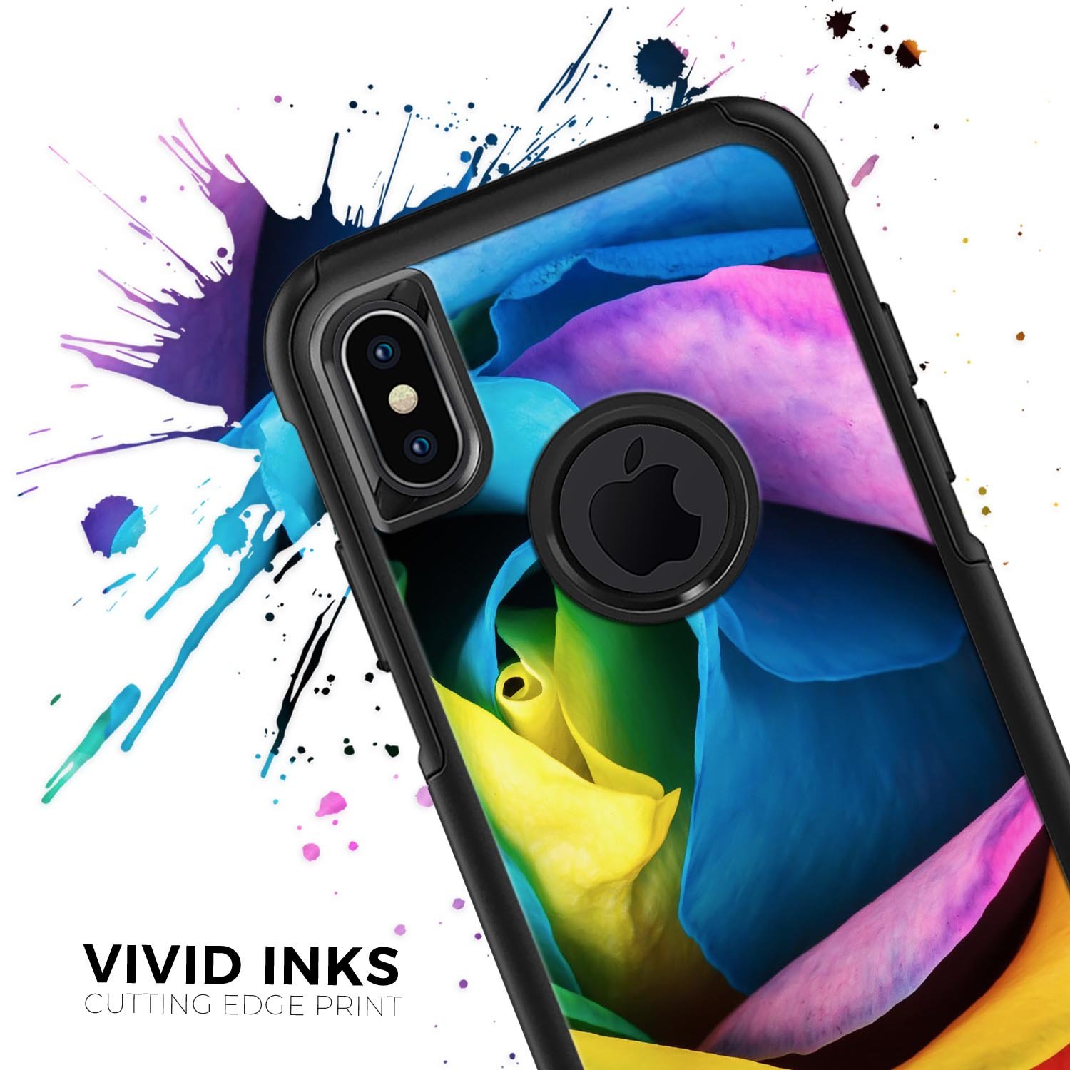 Rainbow Dyed Rose V3 Skin Kit for iPhone OtterBox Cases featuring vibrant colors and intricate design.