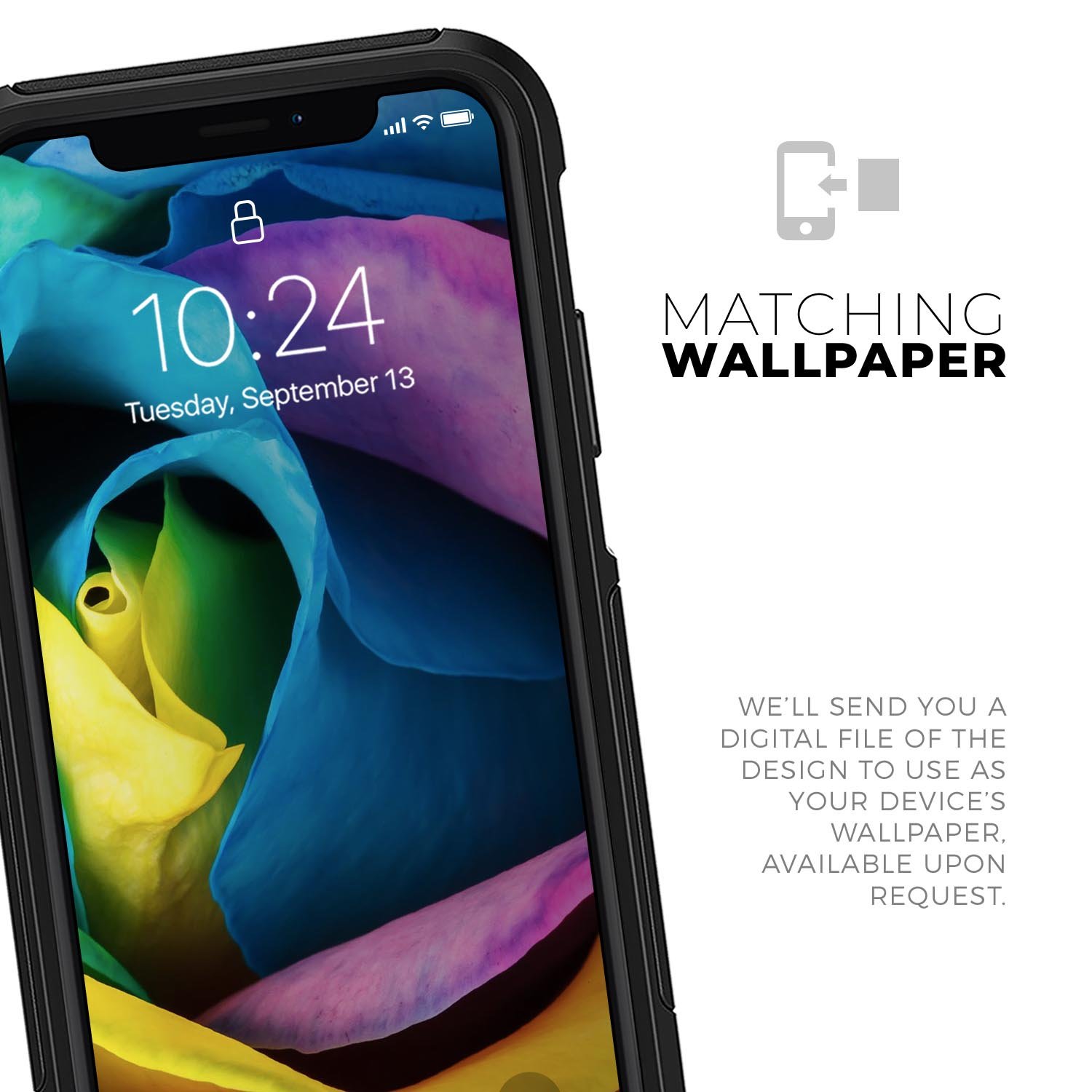 Rainbow Dyed Rose V3 Skin Kit for iPhone OtterBox Cases featuring vibrant colors and intricate design.