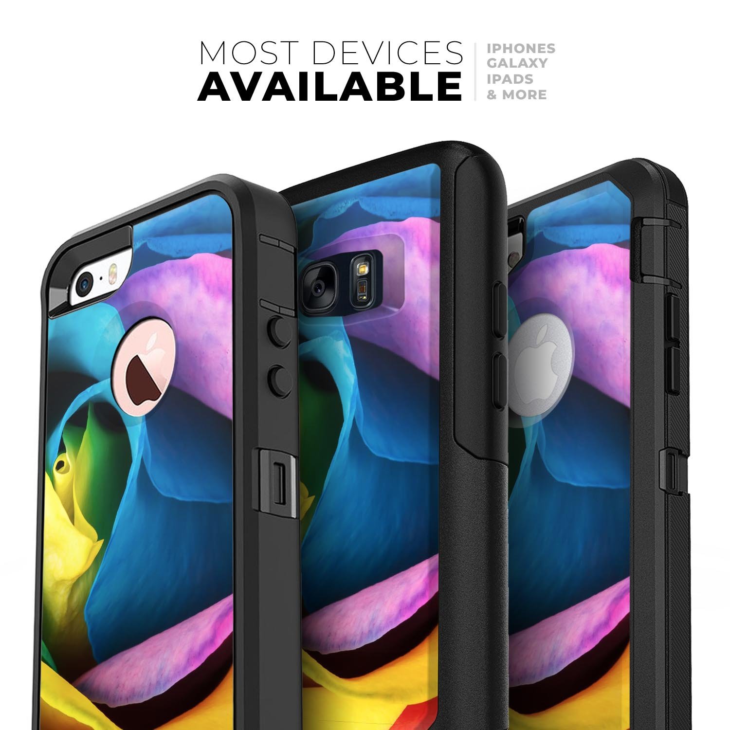 Rainbow Dyed Rose V3 Skin Kit for iPhone OtterBox Cases featuring vibrant colors and intricate design.