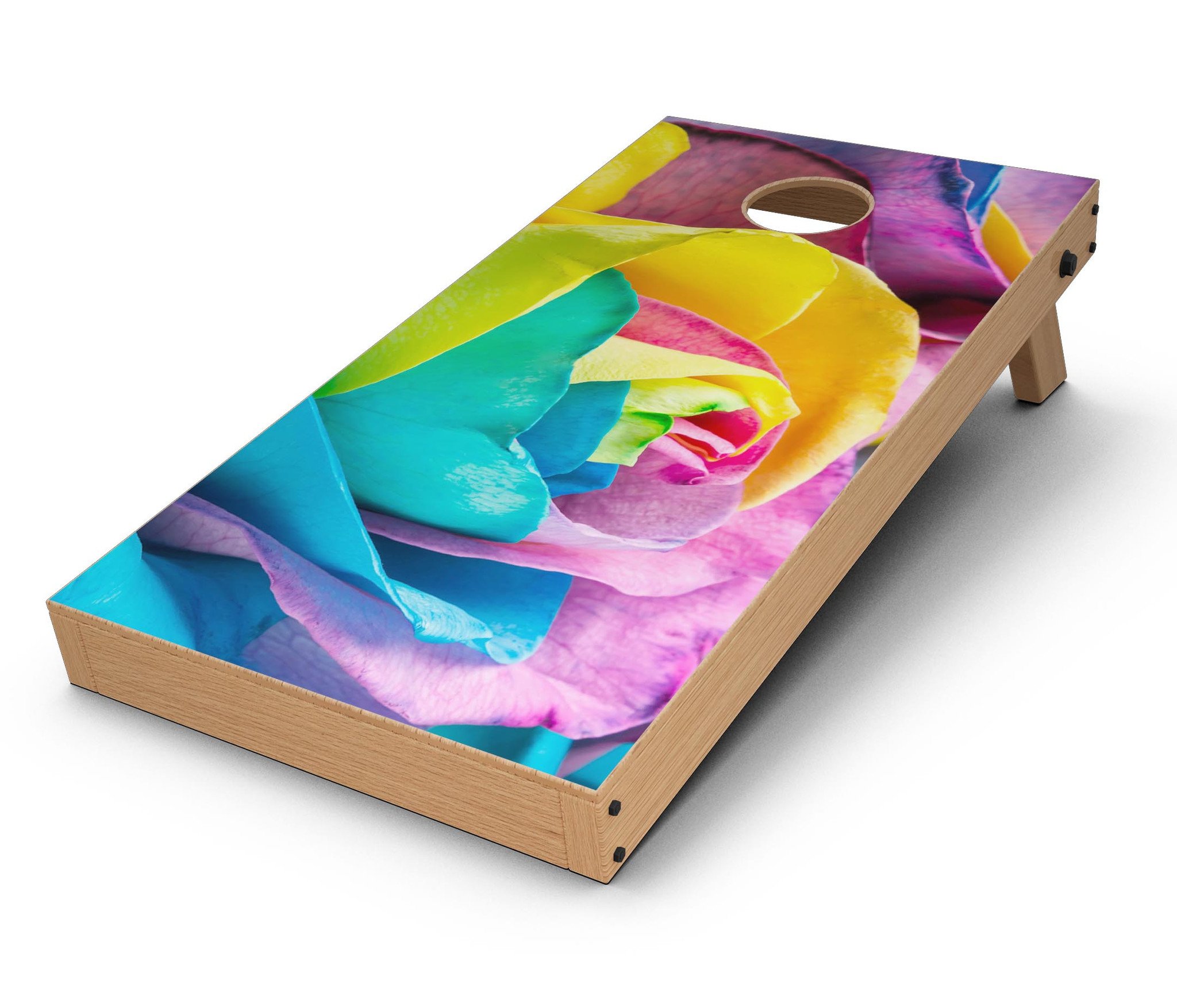 Rainbow Dyed Rose V4 CornHole Board Skin Decal Kit showcasing vibrant colors and design for Cornhole boards.