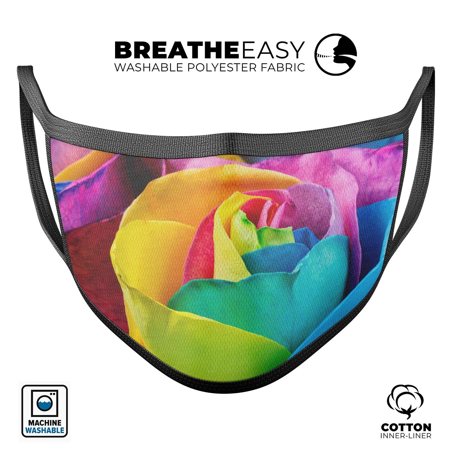 Rainbow Dyed Rose V4 mouth cover, a colorful and stylish anti-dust cotton mask made in the USA, featuring adjustable ear loops for a perfect fit.
