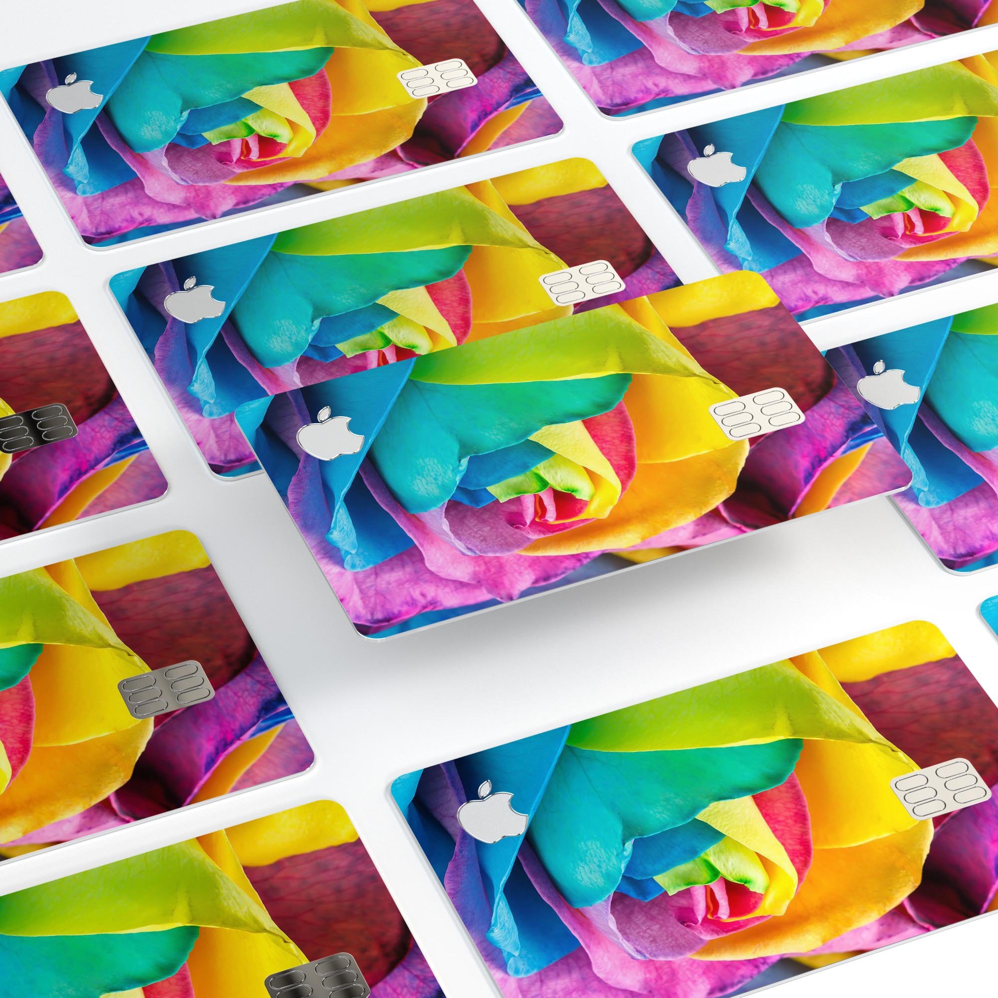 Rainbow Dyed Rose V4 skin for Apple Card, showcasing vibrant colors and premium vinyl material.
