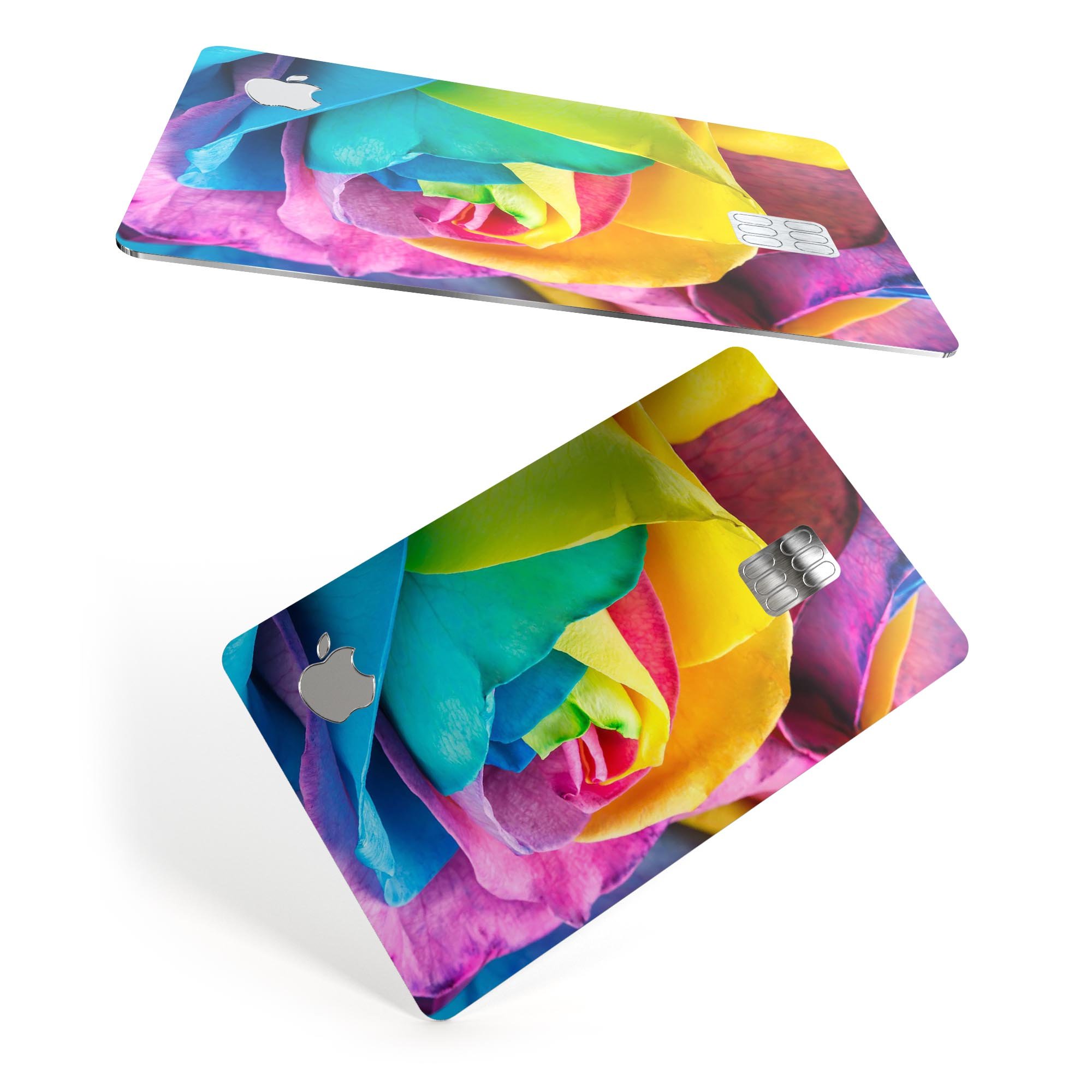 Rainbow Dyed Rose V4 skin for Apple Card, showcasing vibrant colors and premium vinyl material.