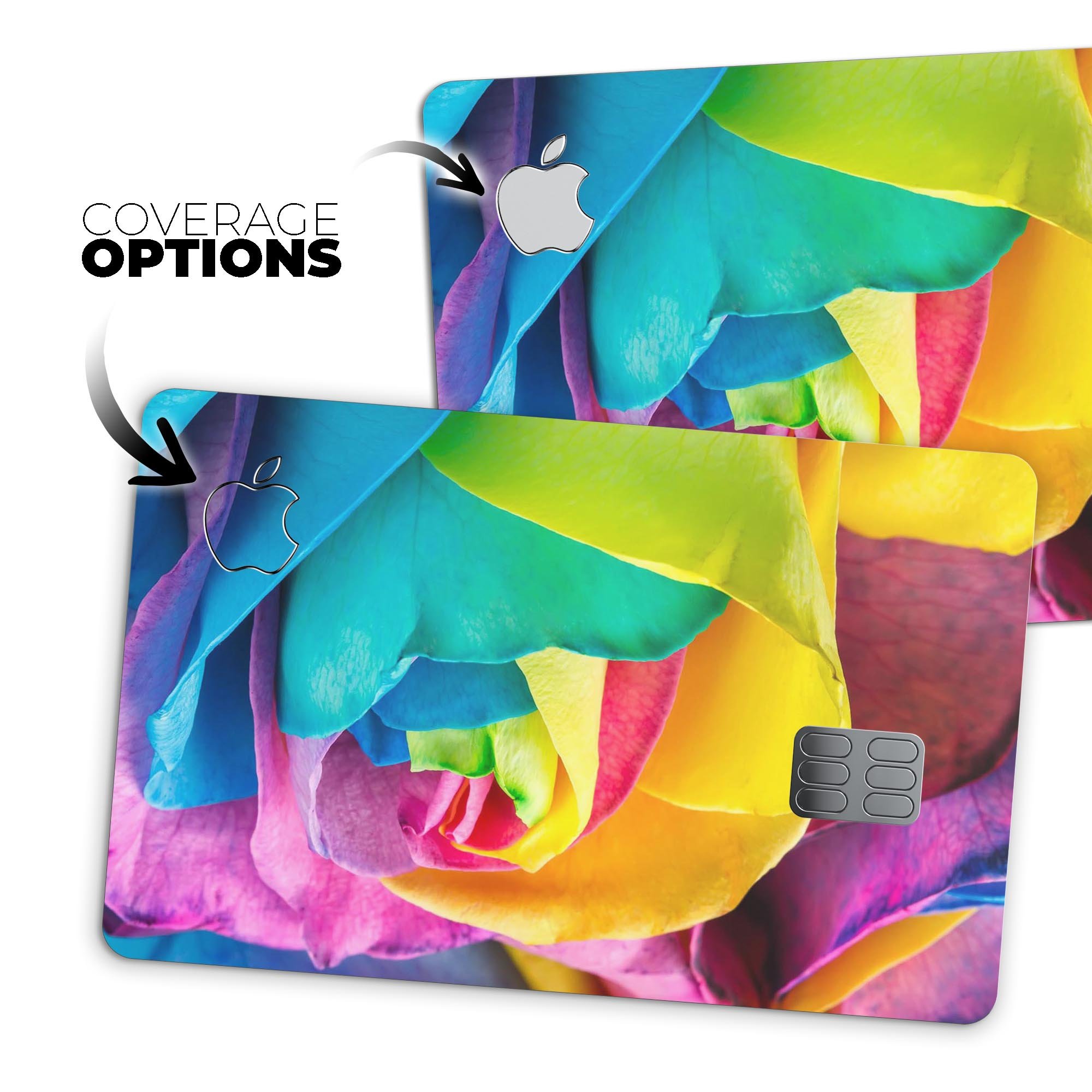 Rainbow Dyed Rose V4 skin for Apple Card, showcasing vibrant colors and premium vinyl material.