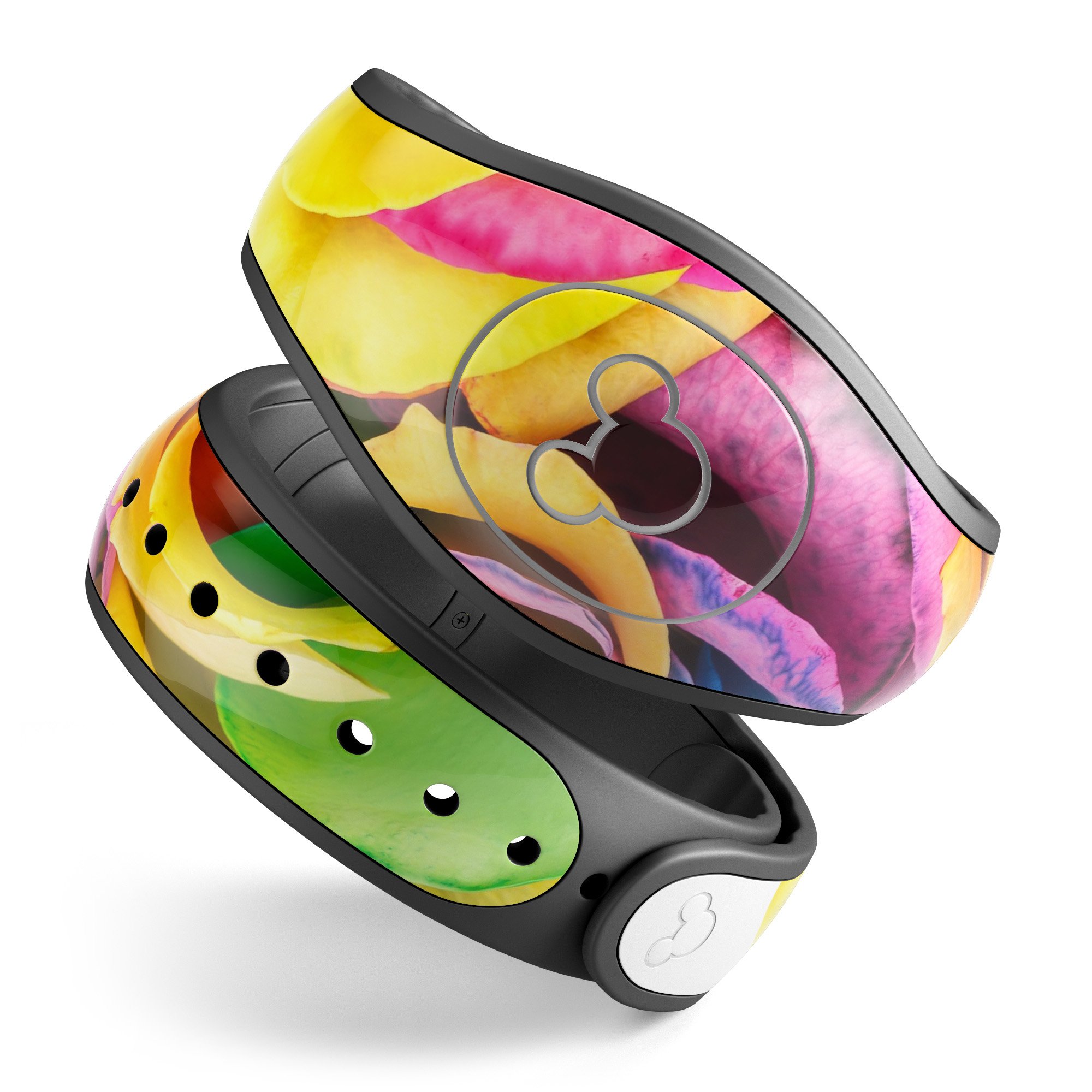 Colorful Rainbow Dyed Roses decal skin wrap for Disney Magic Band, showcasing vibrant colors and intricate design.