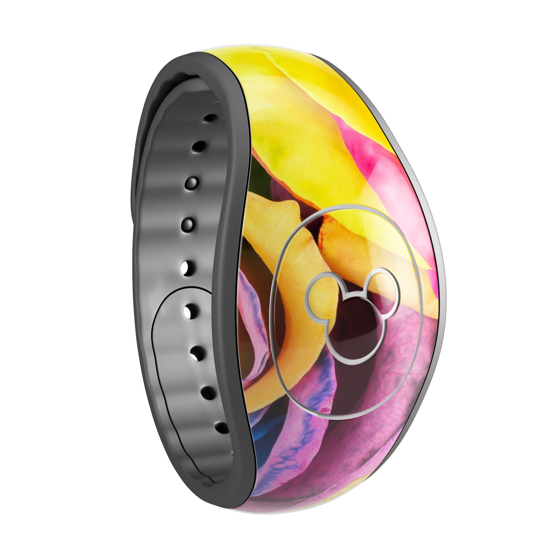 Colorful Rainbow Dyed Roses decal skin wrap for Disney Magic Band, showcasing vibrant colors and intricate design.