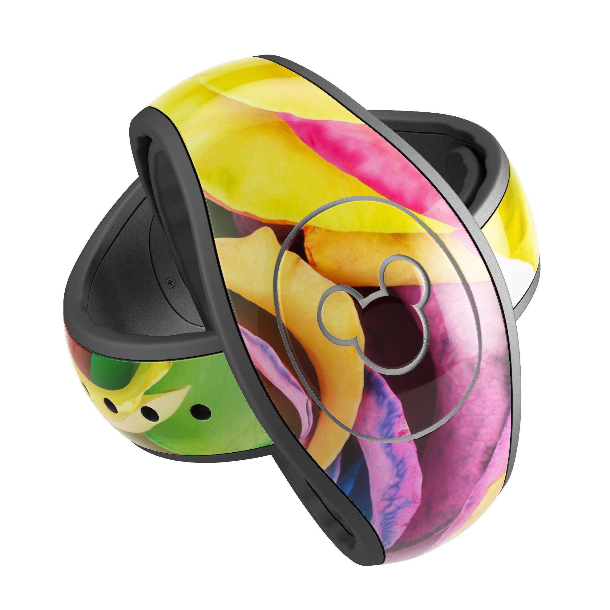 Colorful Rainbow Dyed Roses decal skin wrap for Disney Magic Band, showcasing vibrant colors and intricate design.