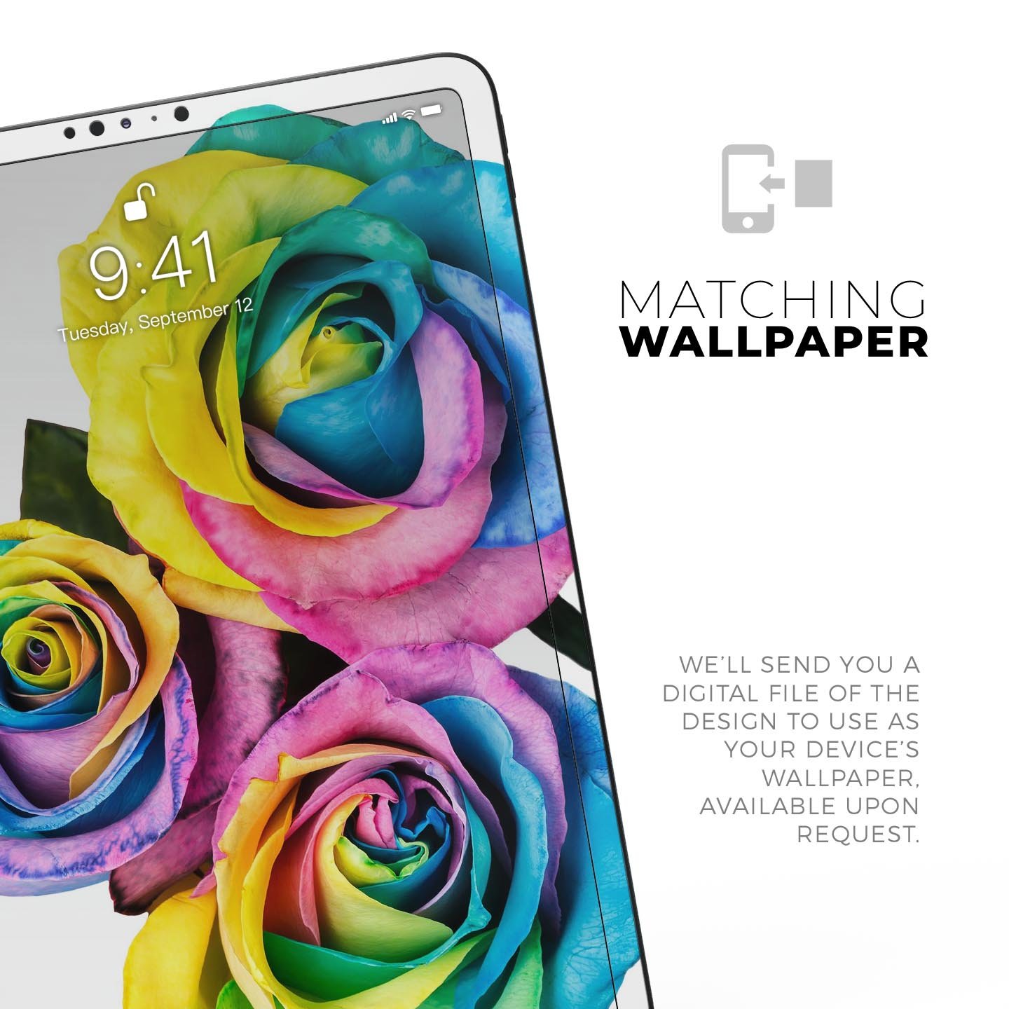 Colorful Rainbow Dyed Roses skin decal for Apple iPad Pro, showcasing vibrant floral design and ultra-thin protection.