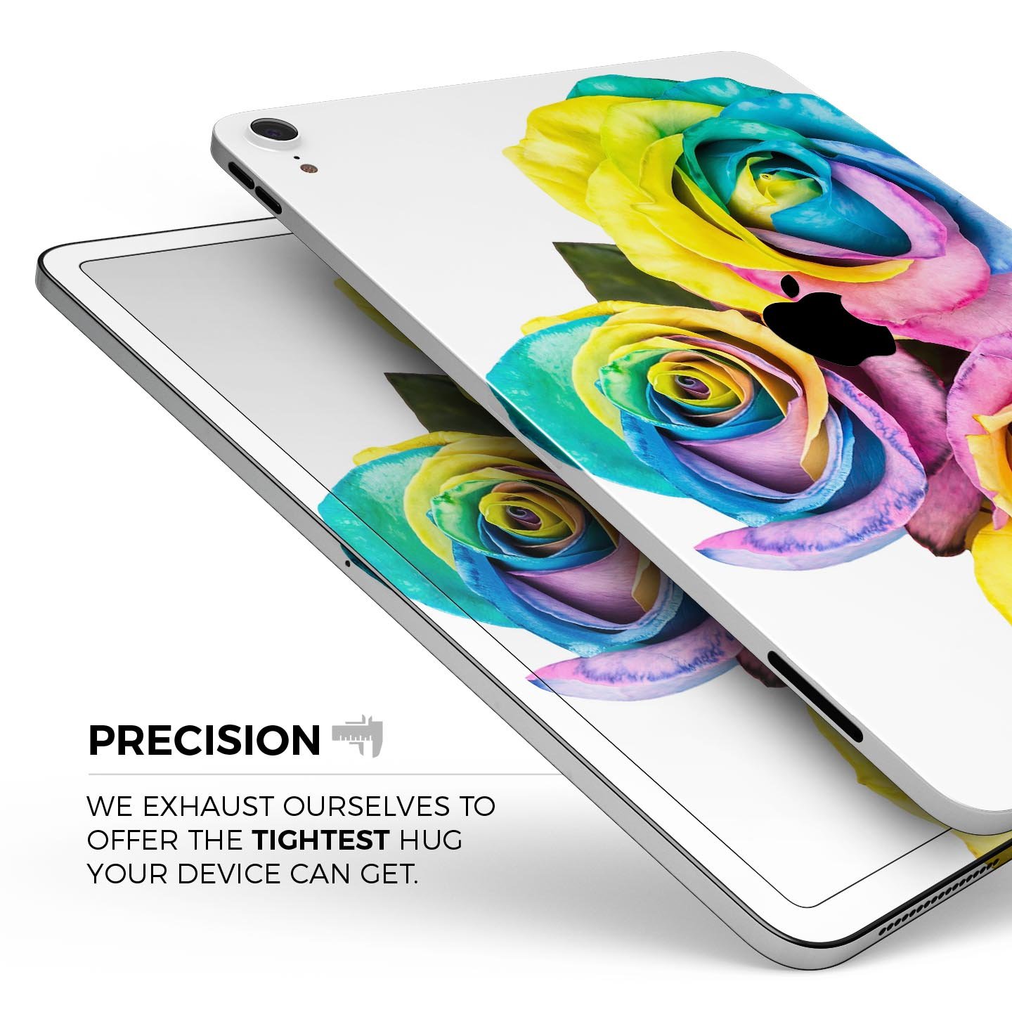 Colorful Rainbow Dyed Roses skin decal for Apple iPad Pro, showcasing vibrant floral design and ultra-thin protection.