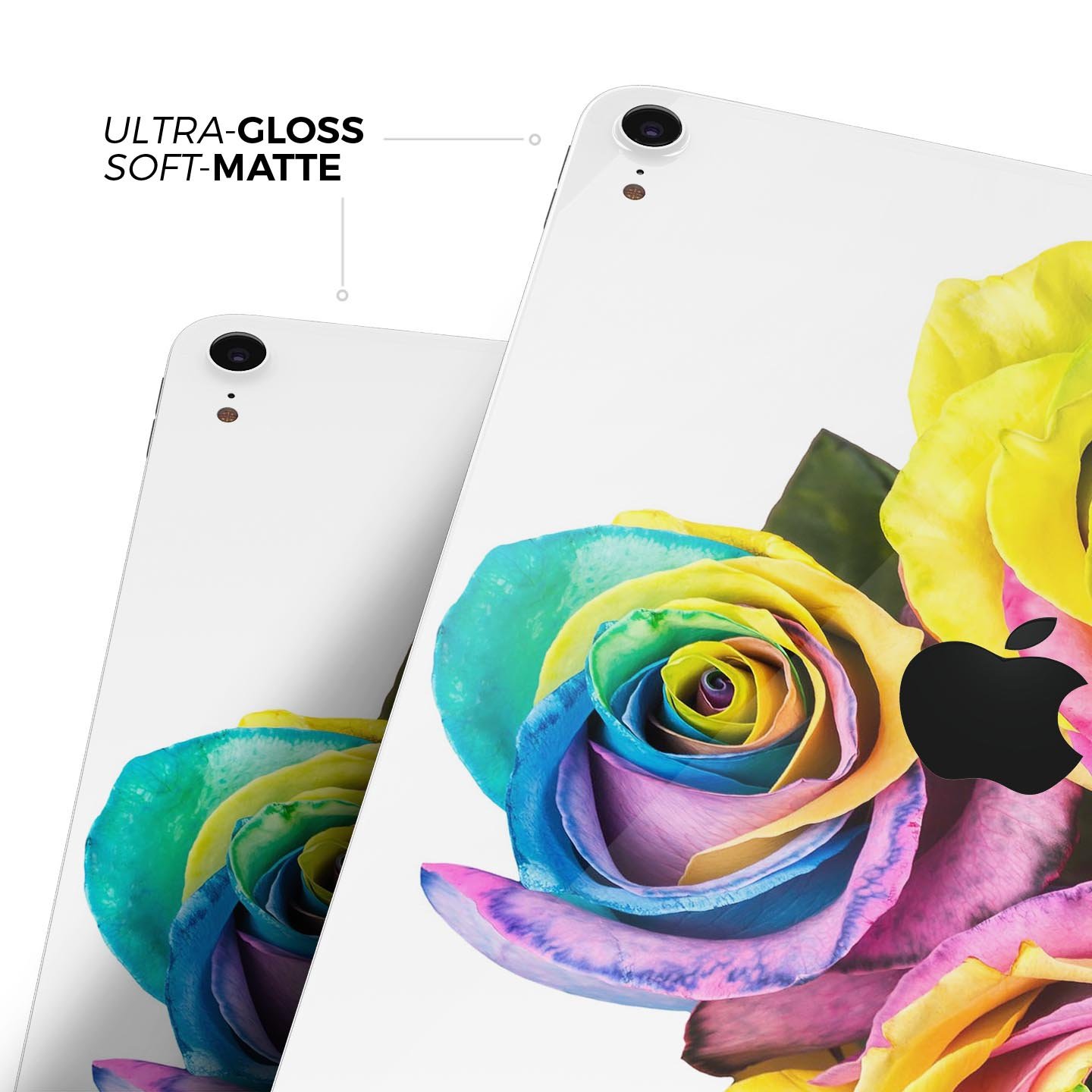 Colorful Rainbow Dyed Roses skin decal for Apple iPad Pro, showcasing vibrant floral design and ultra-thin protection.