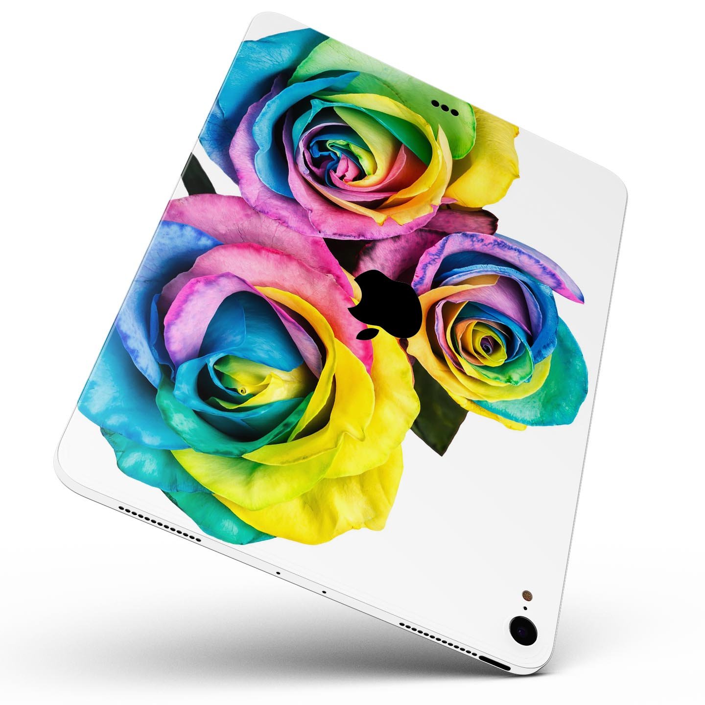 Colorful Rainbow Dyed Roses skin decal for Apple iPad Pro, showcasing vibrant floral design and ultra-thin protection.