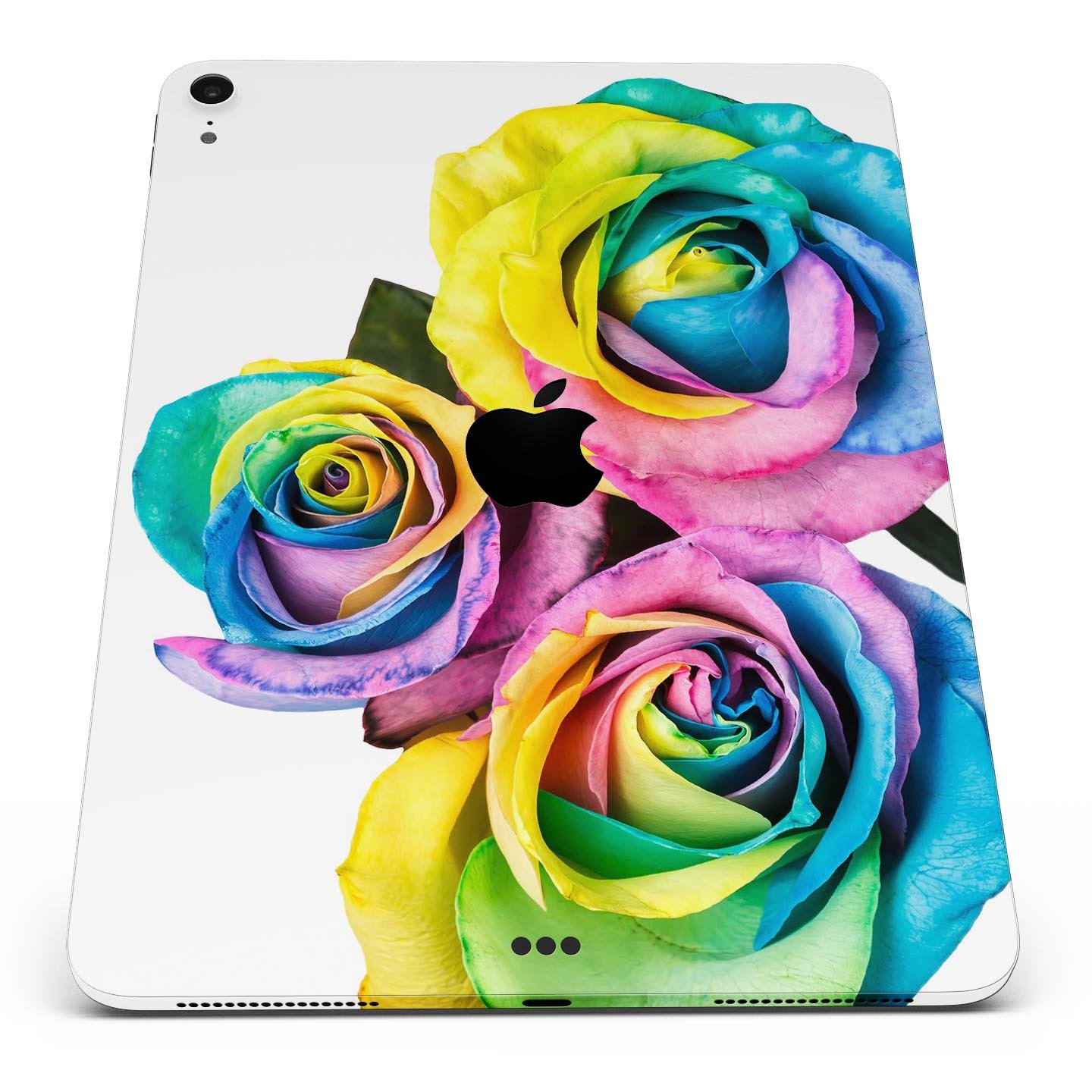 Colorful Rainbow Dyed Roses skin decal for Apple iPad Pro, showcasing vibrant floral design and ultra-thin protection.