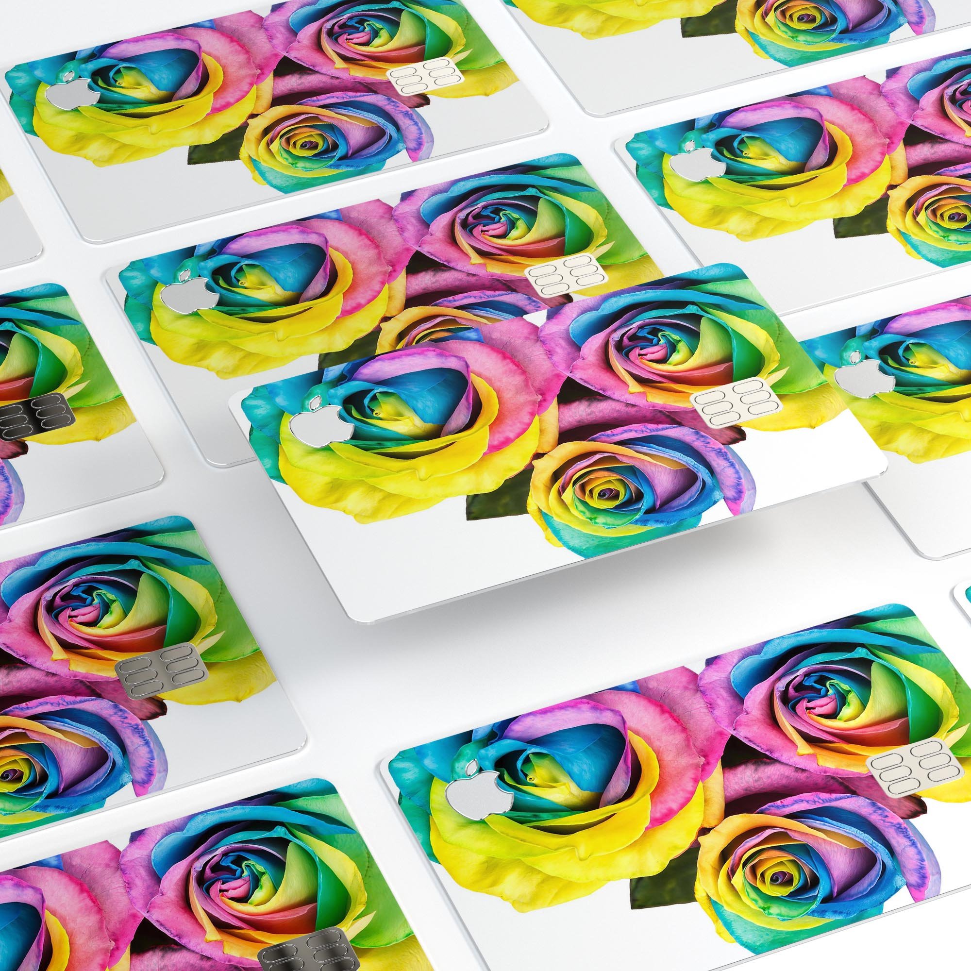 Rainbow Dyed Roses skin kit for Apple Card, showcasing vibrant colors and premium vinyl material.