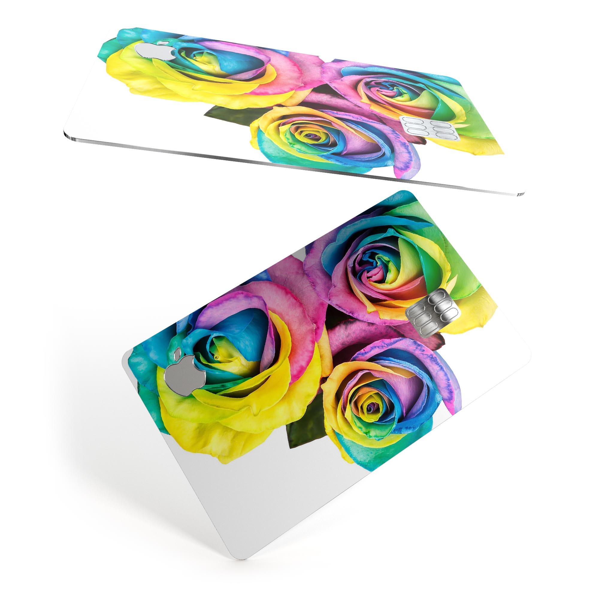 Rainbow Dyed Roses skin kit for Apple Card, showcasing vibrant colors and premium vinyl material.