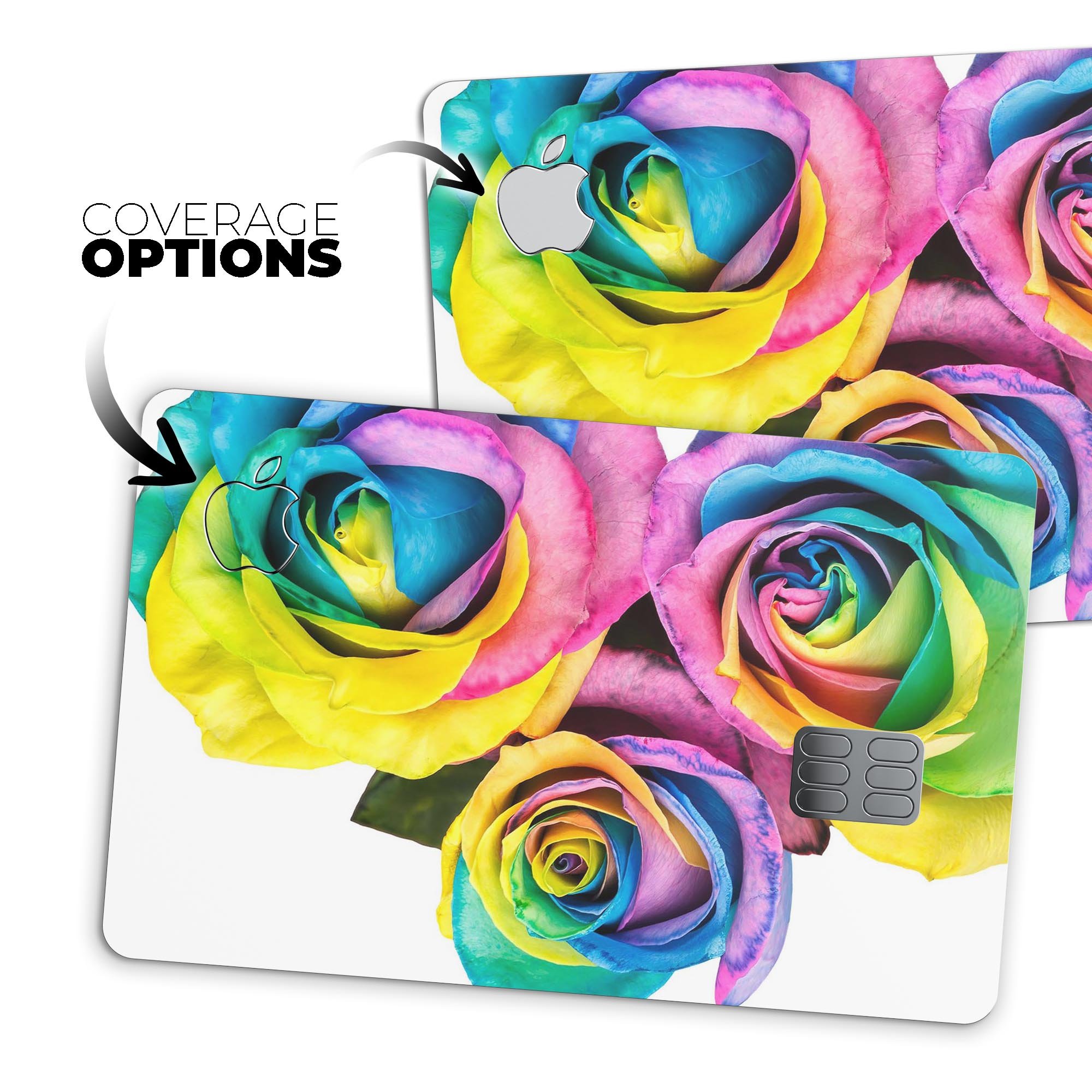 Rainbow Dyed Roses skin kit for Apple Card, showcasing vibrant colors and premium vinyl material.