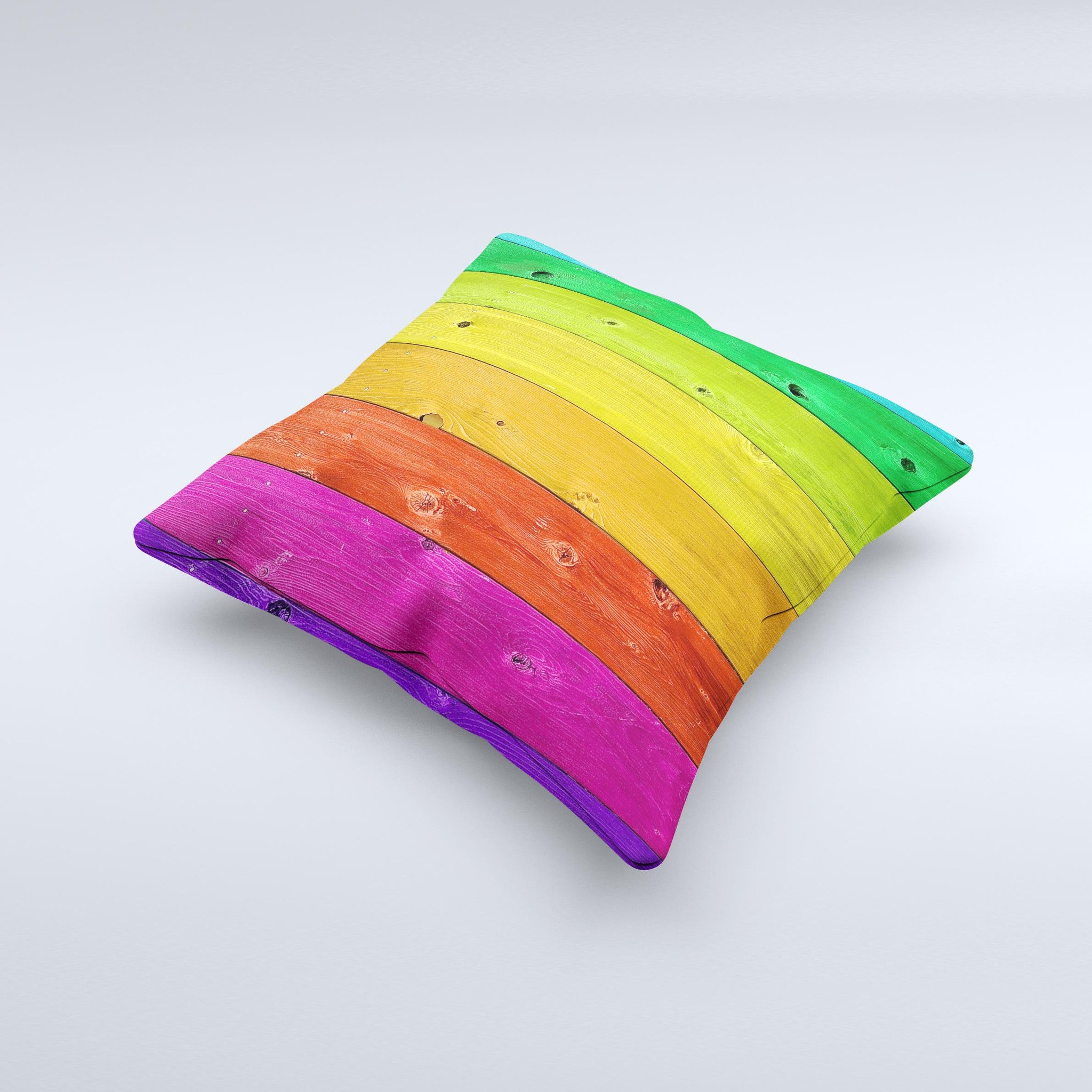A colorful decorative throw pillow featuring a rainbow highlighted wooden planks design, handcrafted in Virginia with a soft fabric cover.