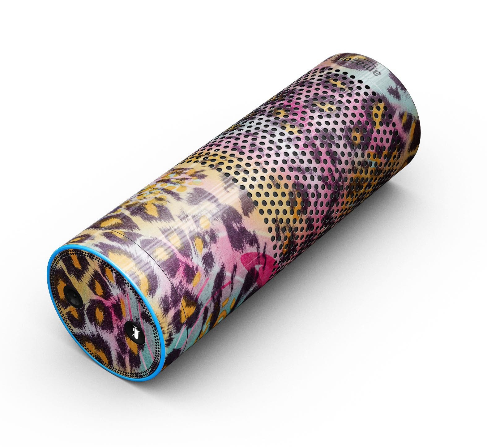 Rainbow Leopard Sherbert skin kit for Amazon Echo, showcasing vibrant colors and precise cutouts for buttons and ports.