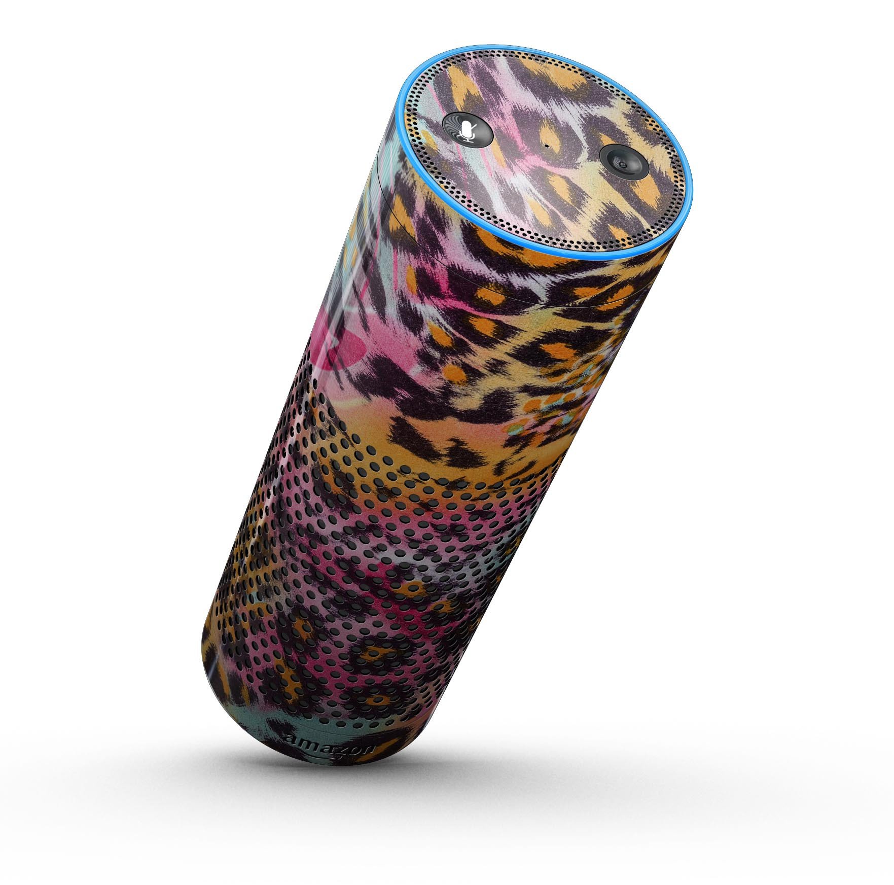 Rainbow Leopard Sherbert skin kit for Amazon Echo, showcasing vibrant colors and precise cutouts for buttons and ports.