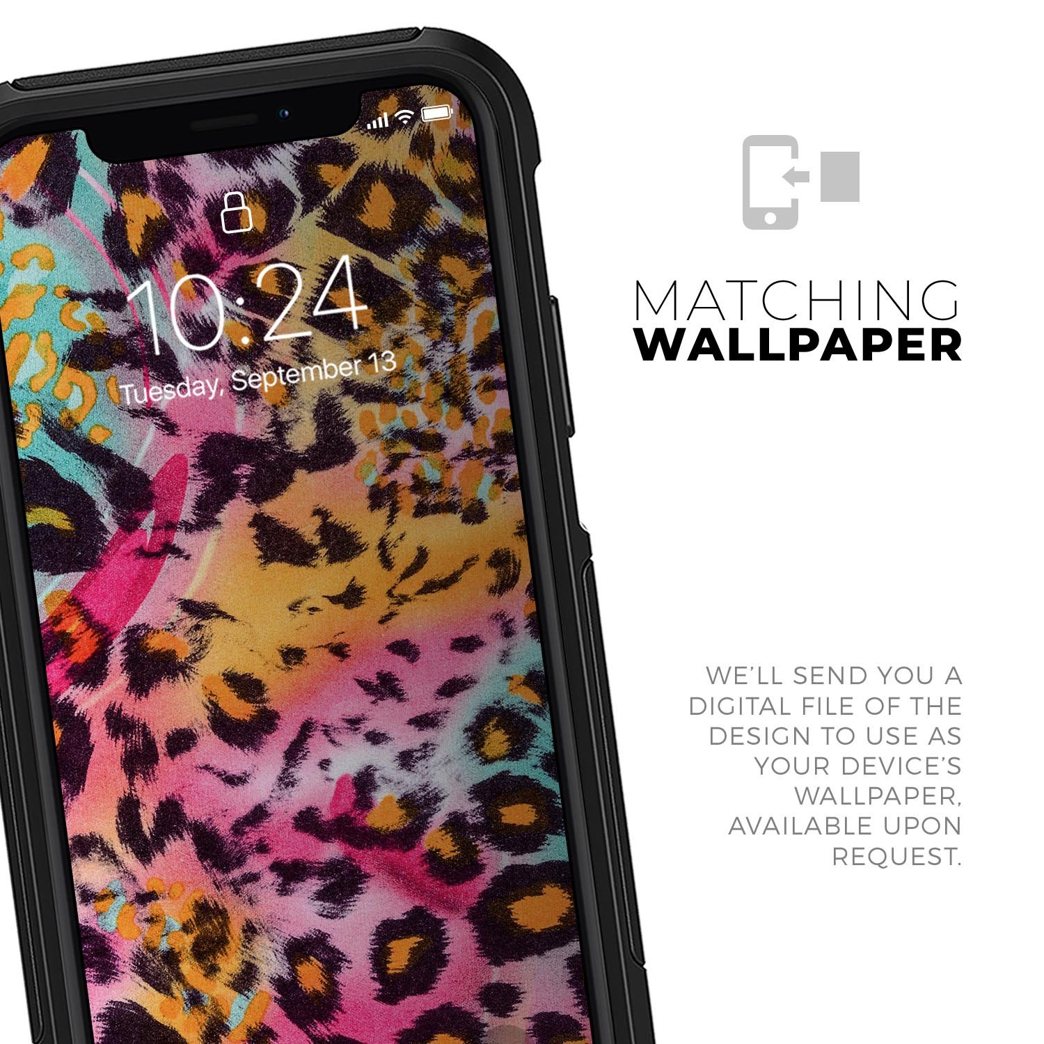 Rainbow Leopard Sherbert Skin Kit for iPhone OtterBox cases featuring vibrant colors and dual-layer protection.