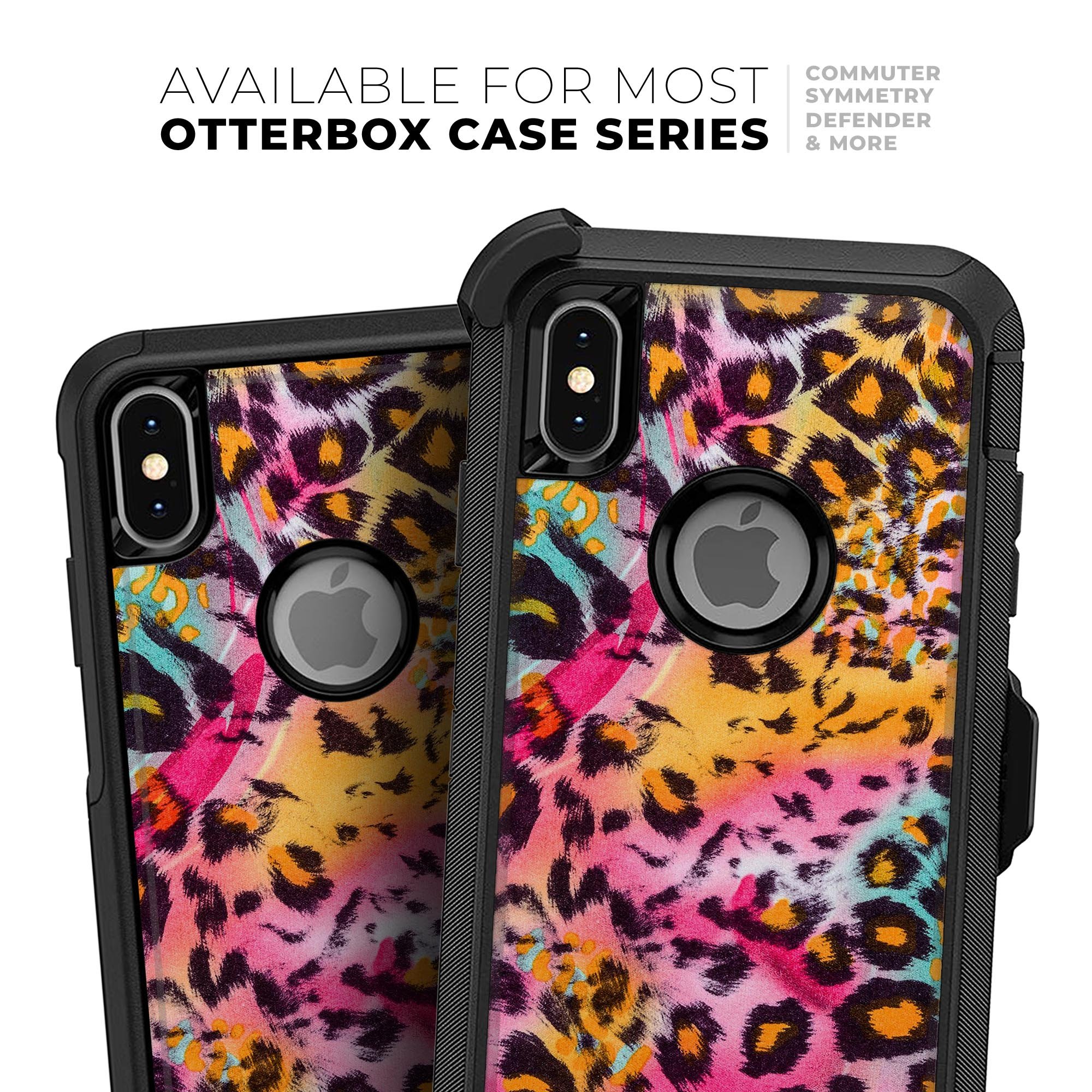 Rainbow Leopard Sherbert Skin Kit for iPhone OtterBox cases featuring vibrant colors and dual-layer protection.