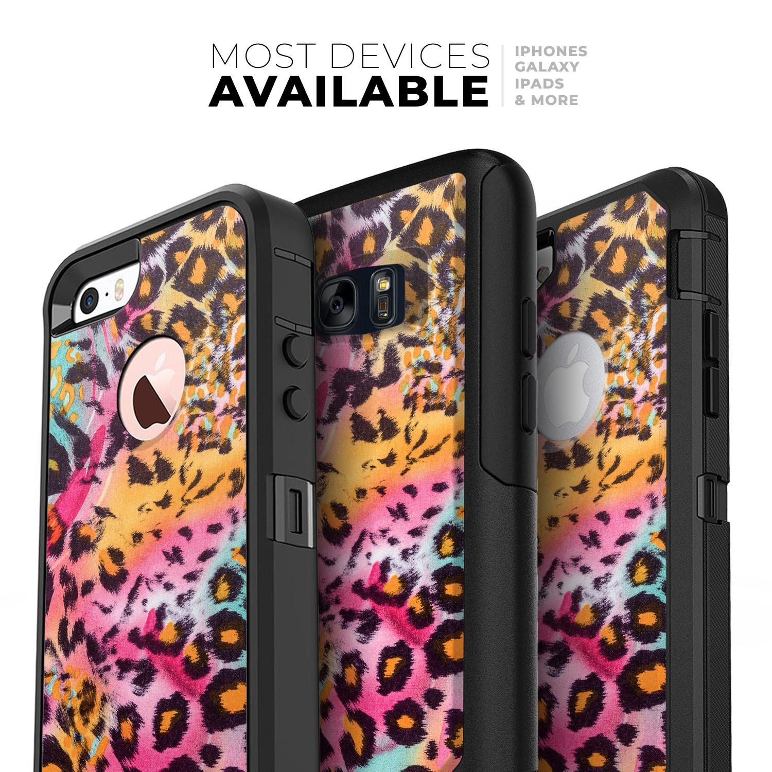 Rainbow Leopard Sherbert Skin Kit for iPhone OtterBox cases featuring vibrant colors and dual-layer protection.