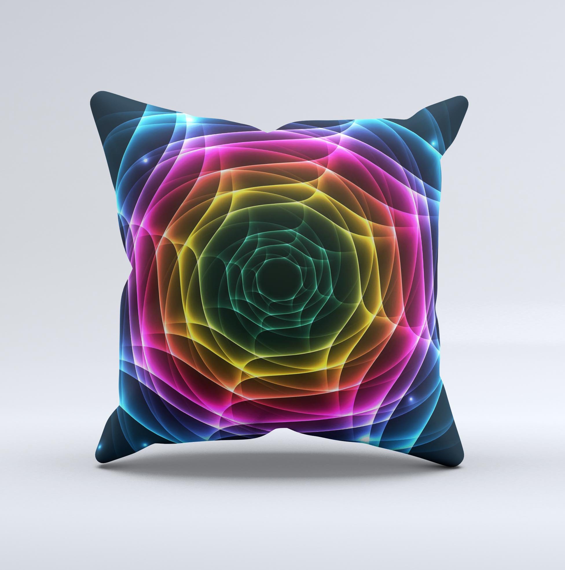 Rainbow Neon Translucent Vortex ink-Fuzed Decorative Throw Pillow showcasing vibrant colors and unique design, handcrafted in Virginia.