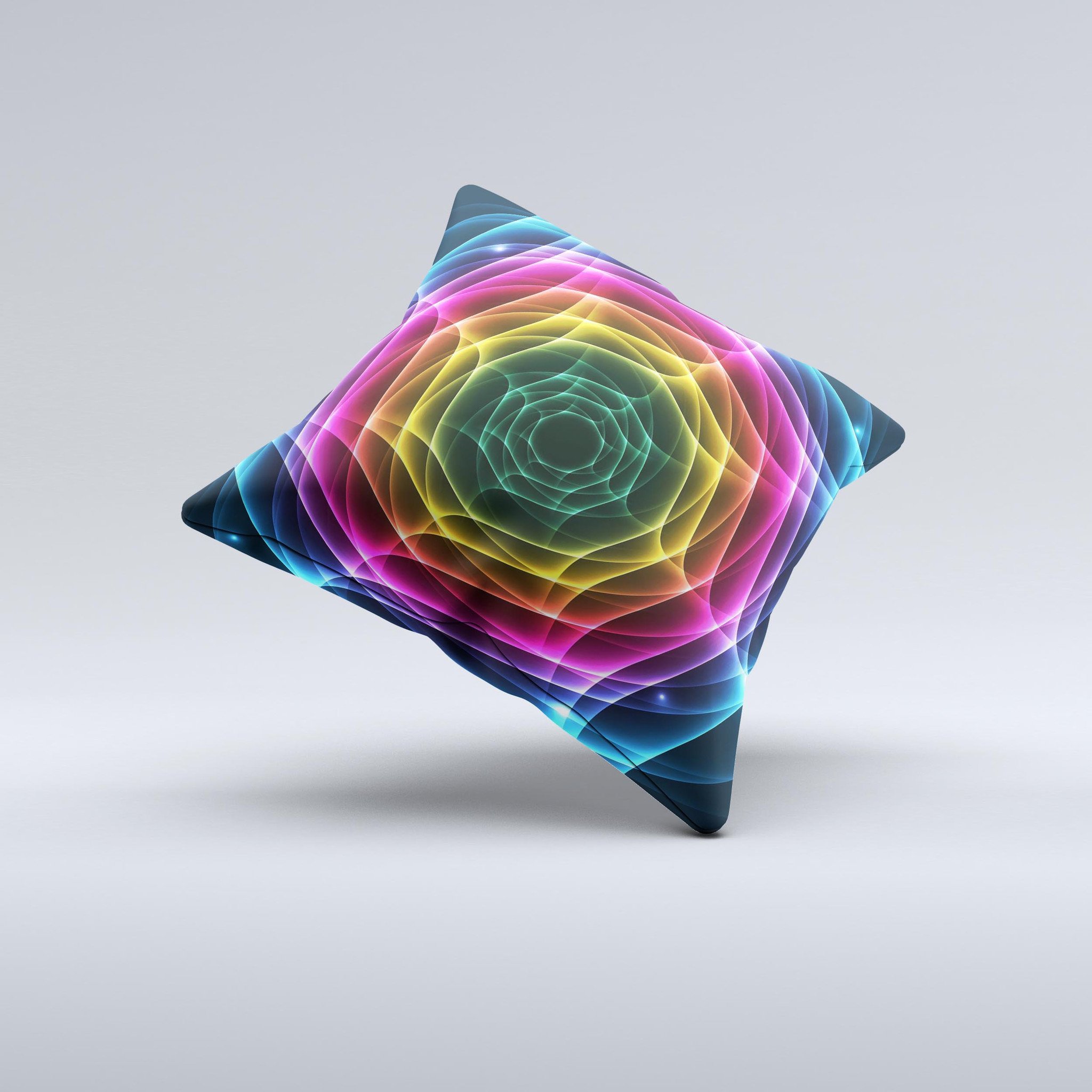 Rainbow Neon Translucent Vortex ink-Fuzed Decorative Throw Pillow showcasing vibrant colors and unique design, handcrafted in Virginia.