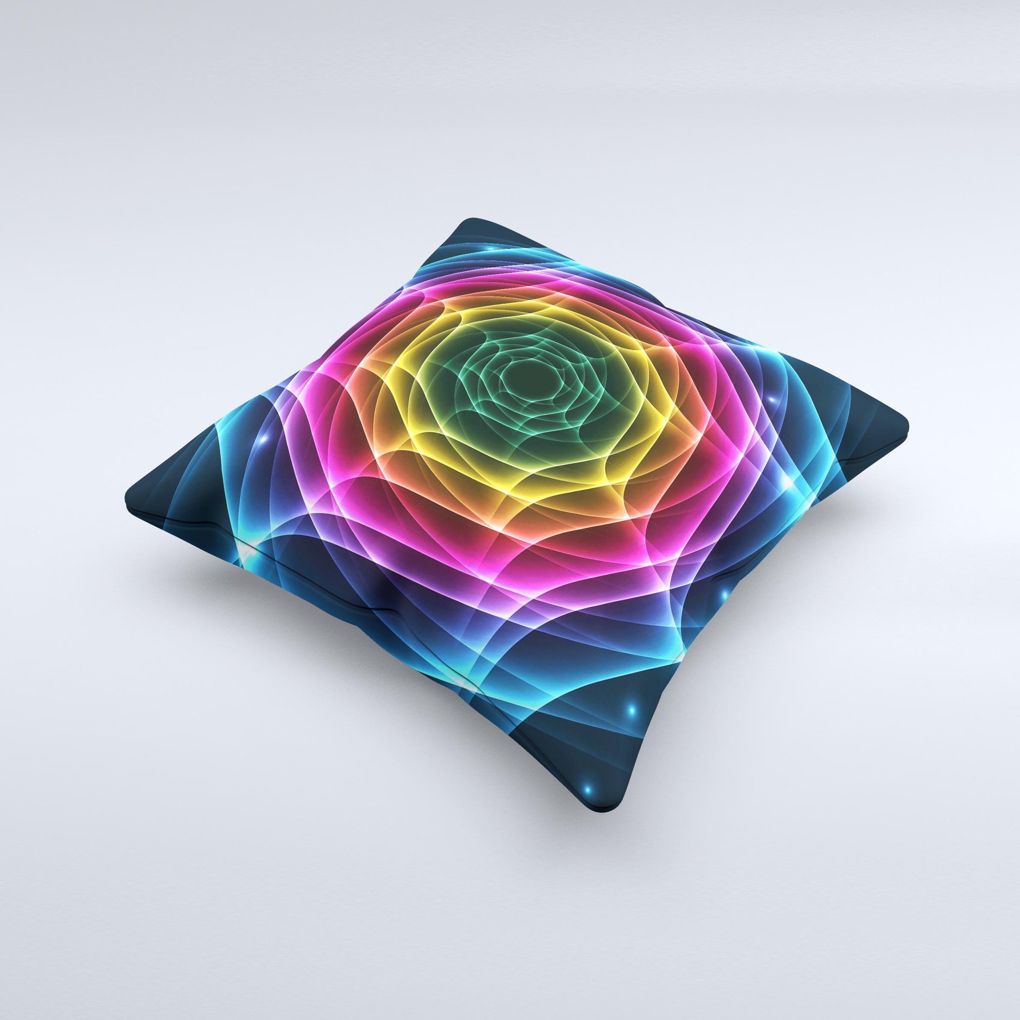 Rainbow Neon Translucent Vortex ink-Fuzed Decorative Throw Pillow showcasing vibrant colors and unique design, handcrafted in Virginia.