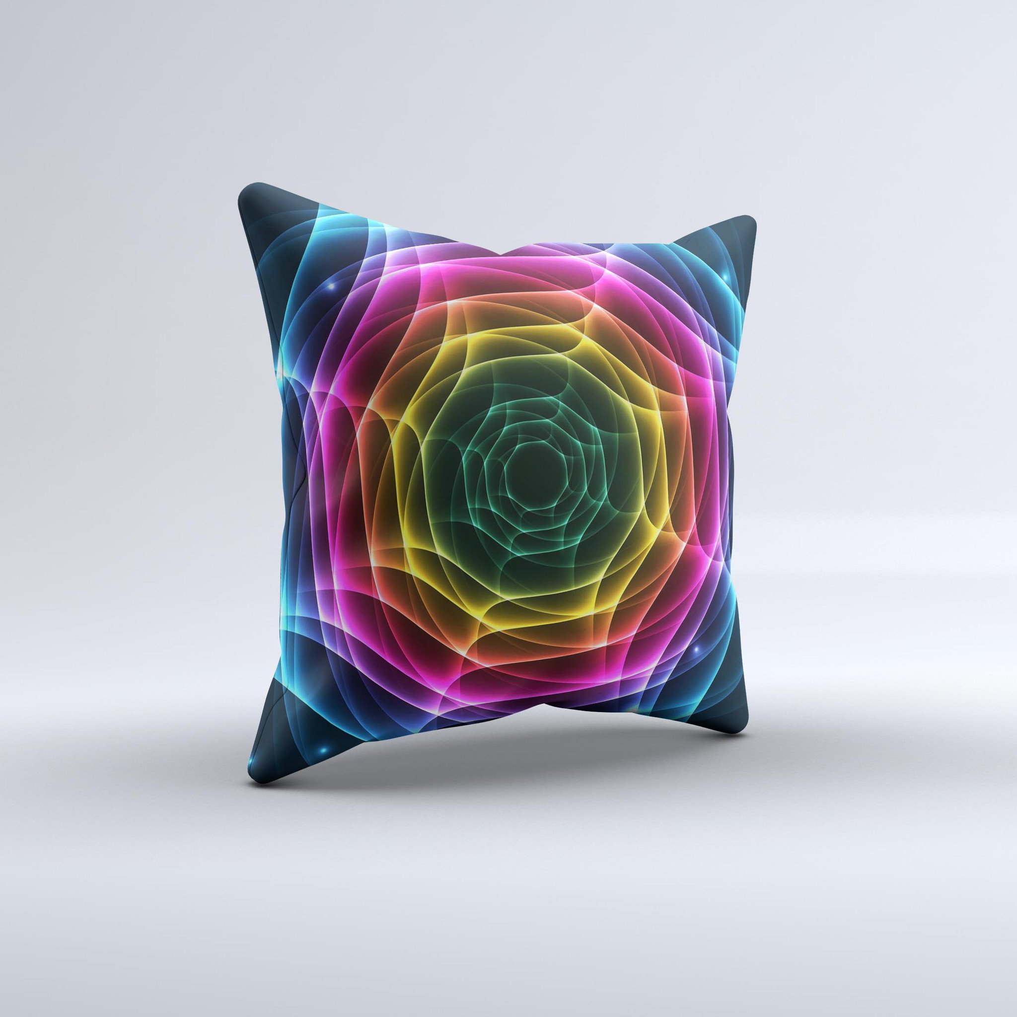 Rainbow Neon Translucent Vortex ink-Fuzed Decorative Throw Pillow showcasing vibrant colors and unique design, handcrafted in Virginia.