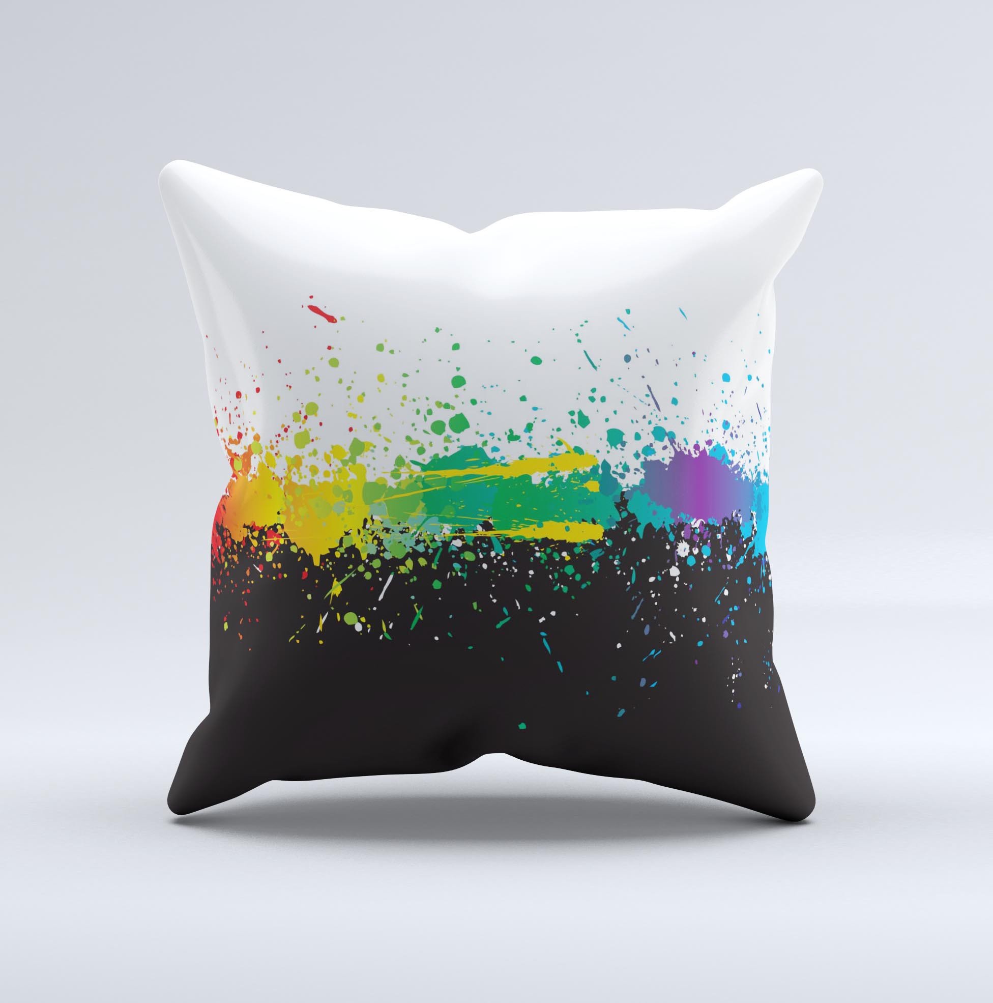 Colorful Rainbow Paint Spatter ink-Fuzed Decorative Throw Pillow with unique design, handcrafted in Virginia.