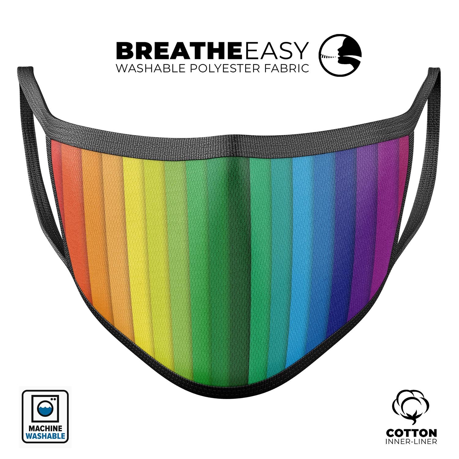 Rainbow striped unisex mouth cover made of cotton, featuring adjustable ear loops for a comfortable fit, suitable for daily use.