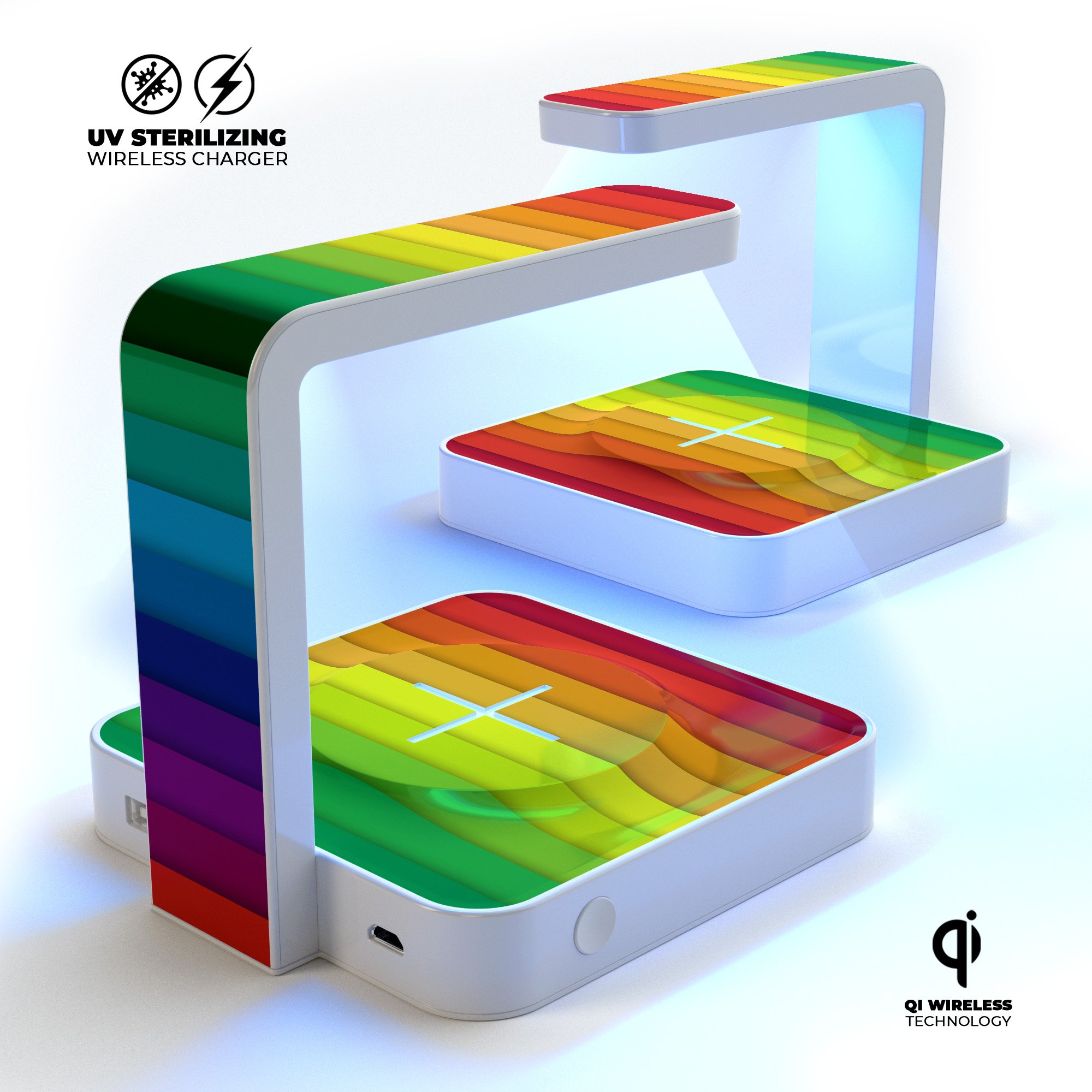 Rainbow Striped UV Germicidal Sanitizing Wireless Charger with phone placed on it, showcasing its sleek design and functionality.