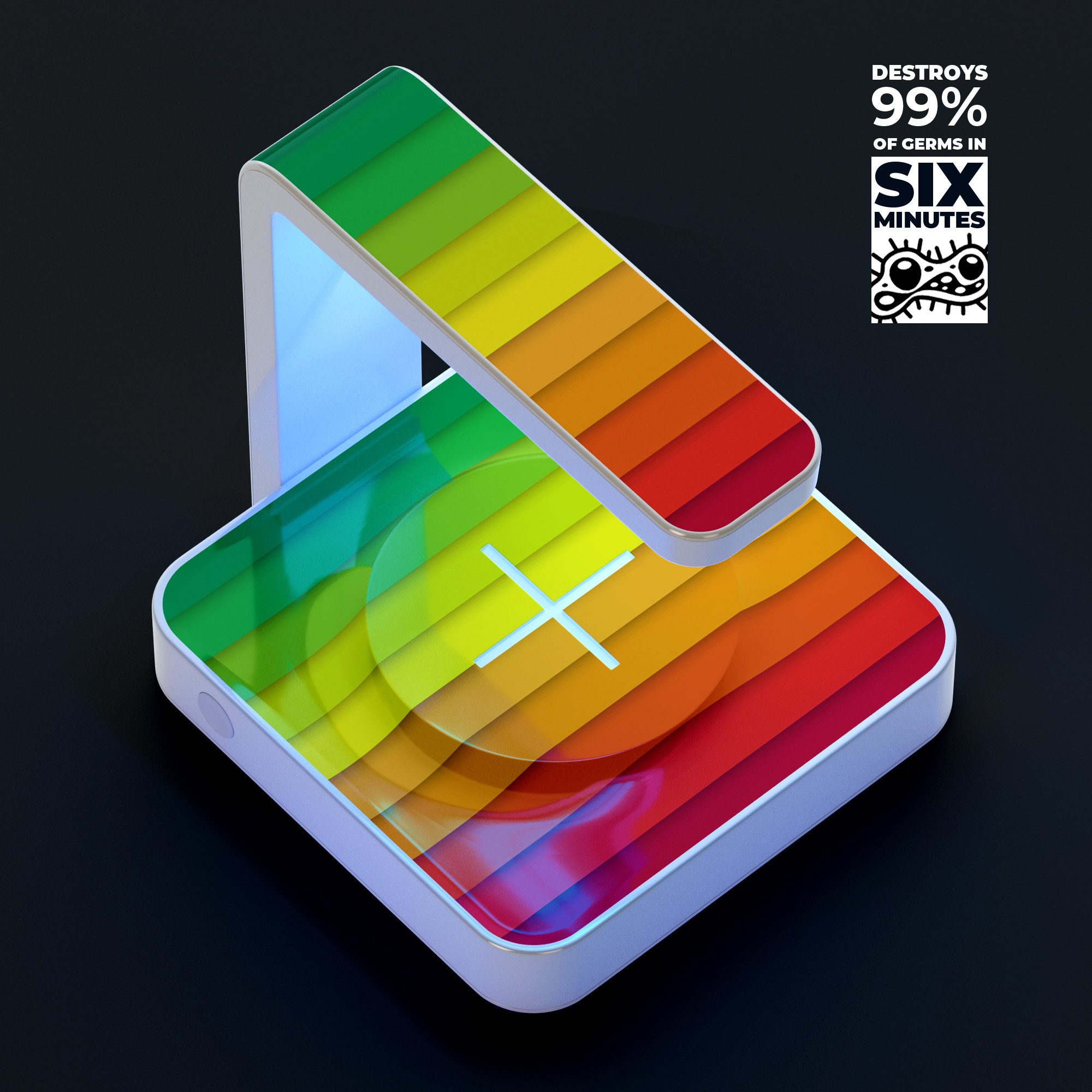 Rainbow Striped UV Germicidal Sanitizing Wireless Charger with phone placed on it, showcasing its sleek design and functionality.