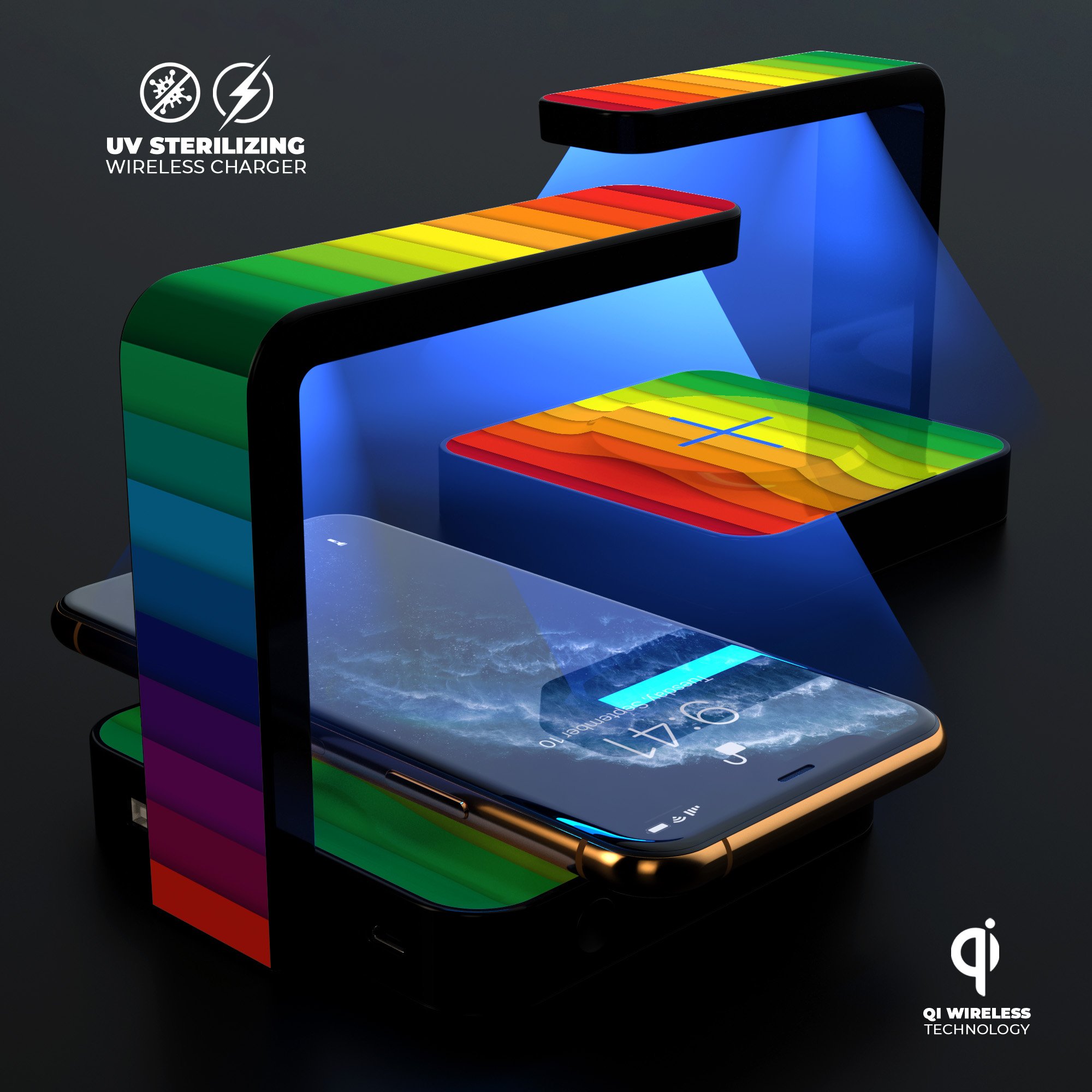Rainbow Striped UV Germicidal Sanitizing Wireless Charger with phone placed on it, showcasing its sleek design and functionality.