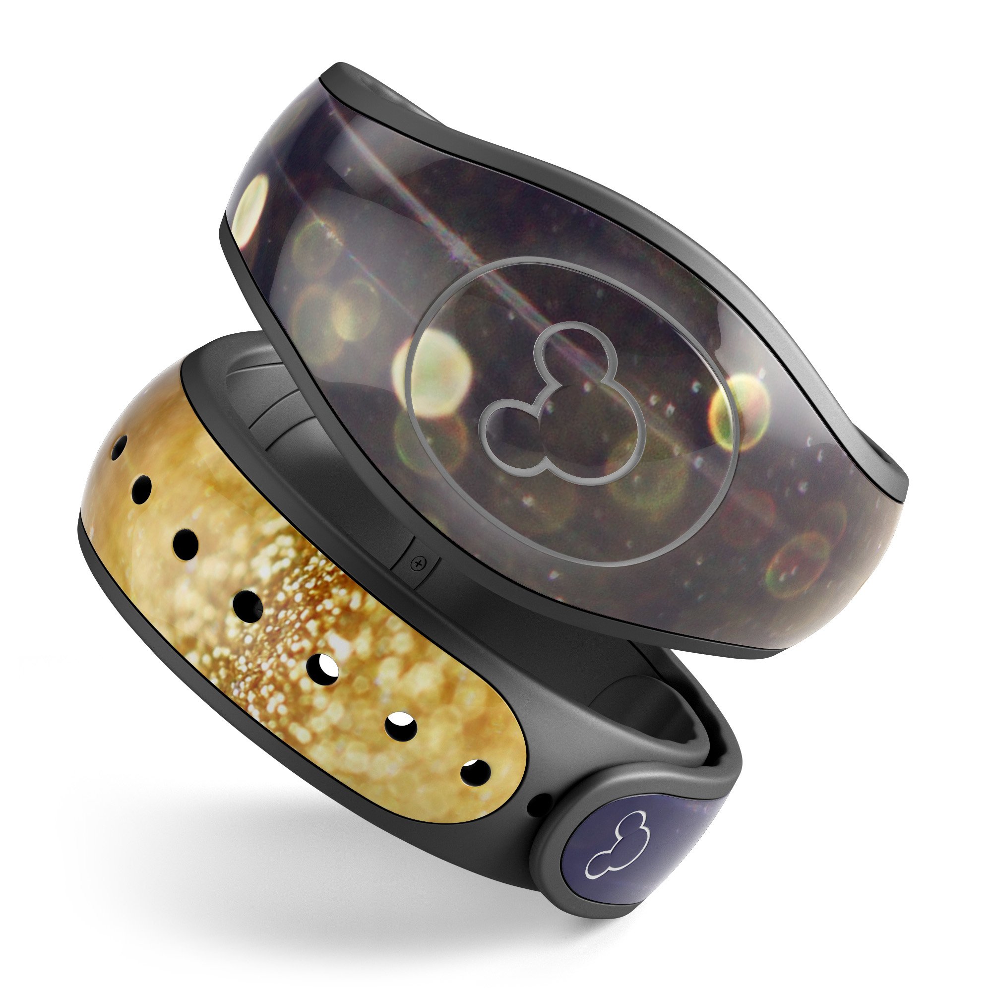 Raining Gold and Purple Sparkle decal skin wrap kit for Disney Magic Band, showcasing vibrant colors and a stylish design.