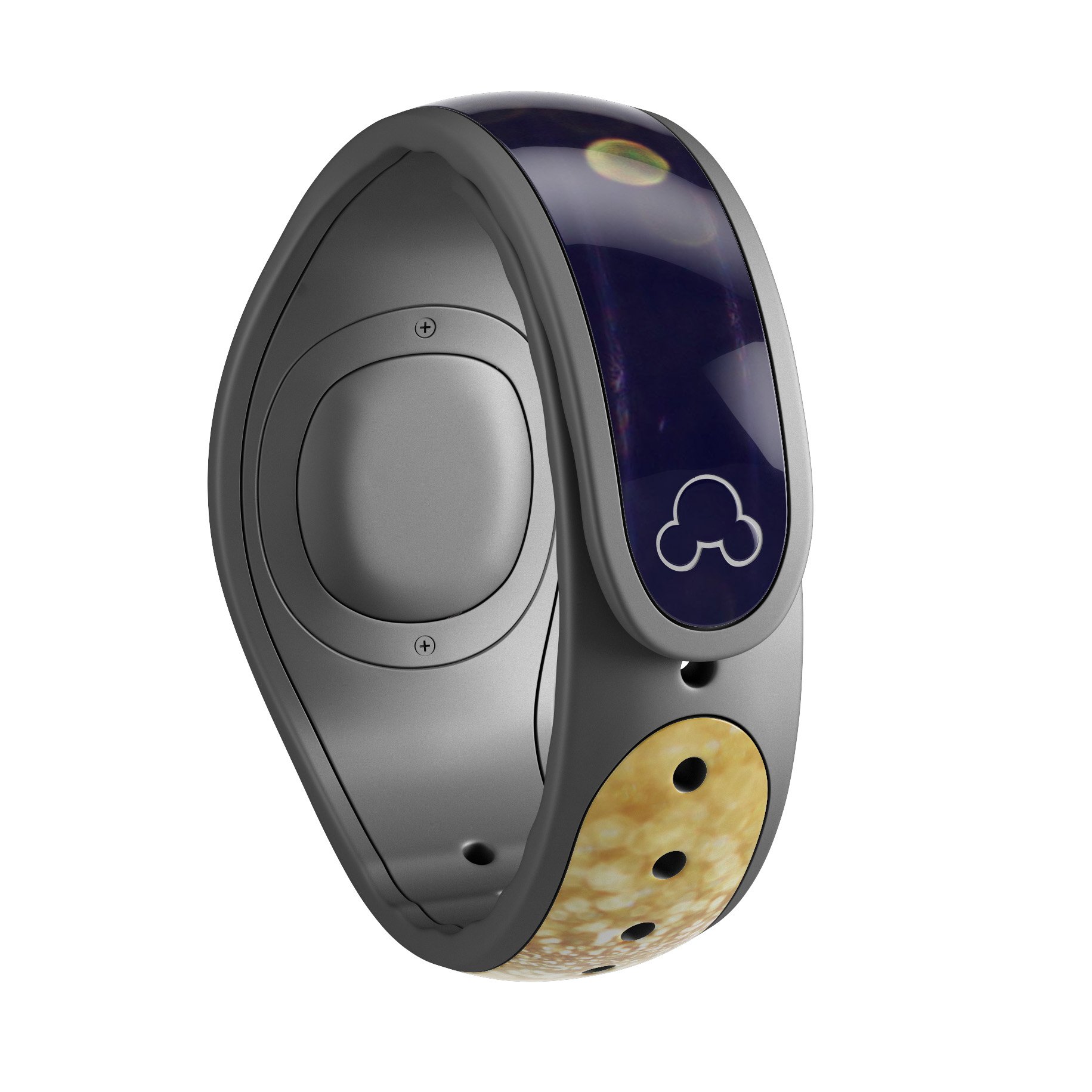 Raining Gold and Purple Sparkle decal skin wrap kit for Disney Magic Band, showcasing vibrant colors and a stylish design.