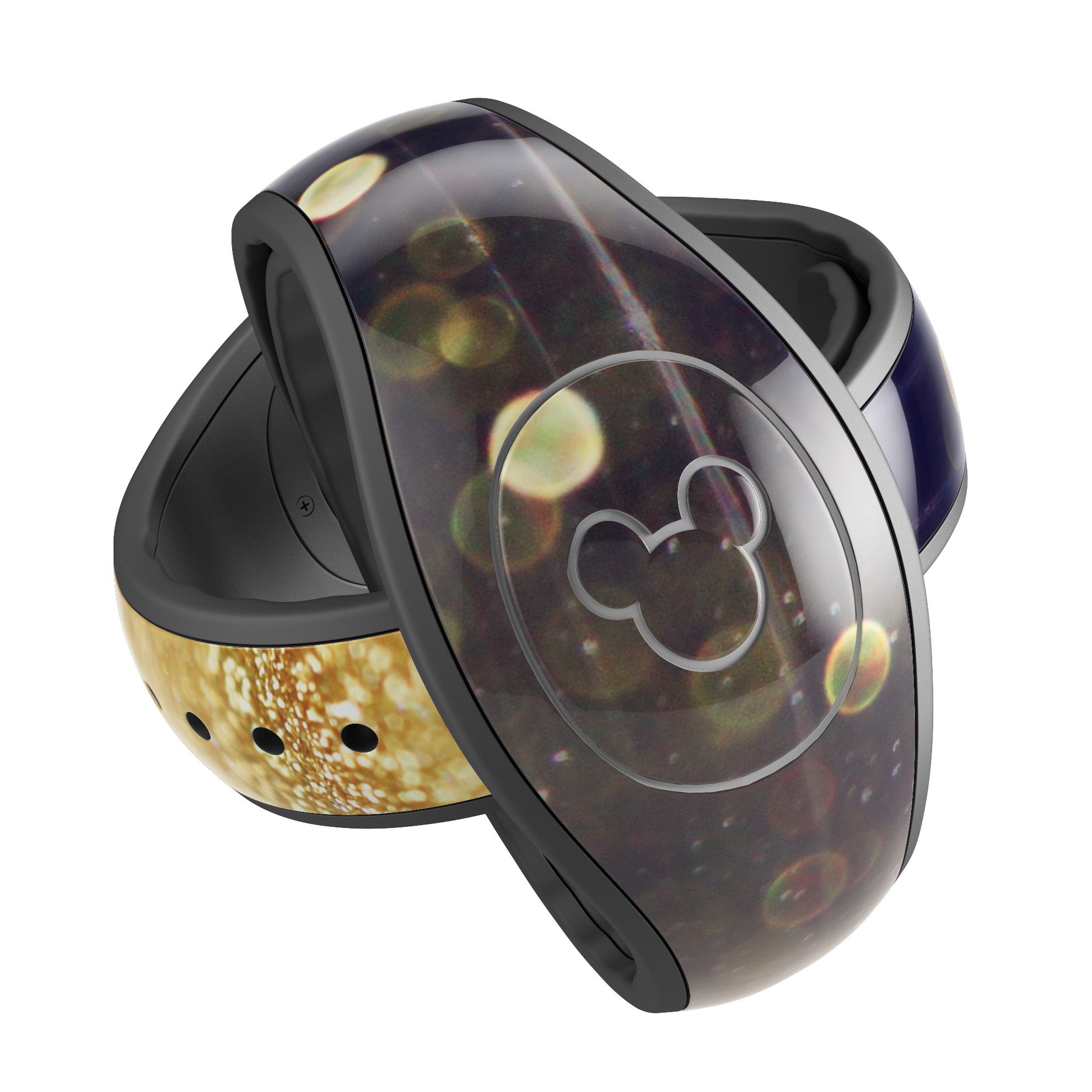 Raining Gold and Purple Sparkle decal skin wrap kit for Disney Magic Band, showcasing vibrant colors and a stylish design.