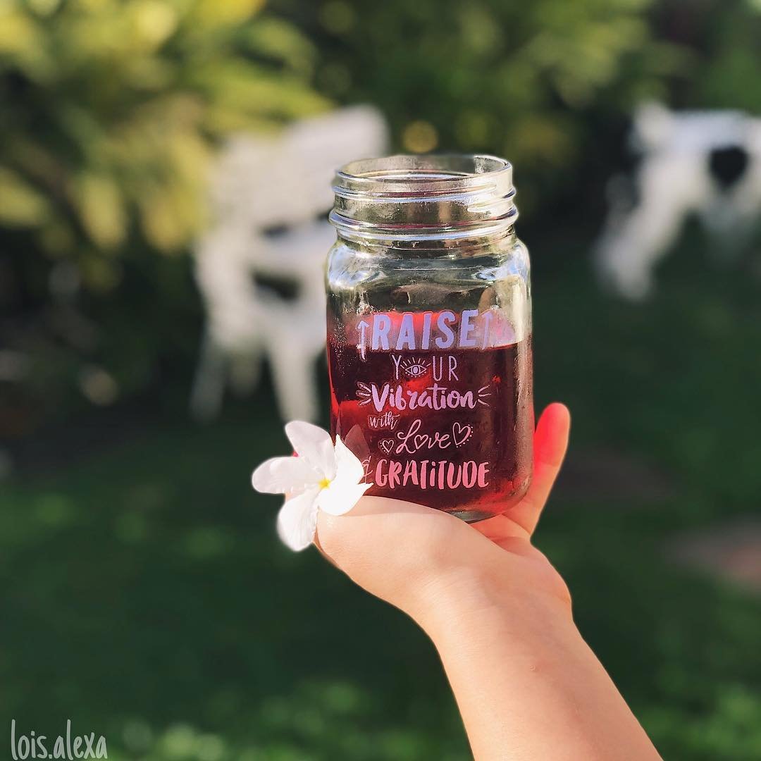 Set of 2 Raise Your Vibration Mason Jars with Love & Gratitude design, perfect for drinks or decor.