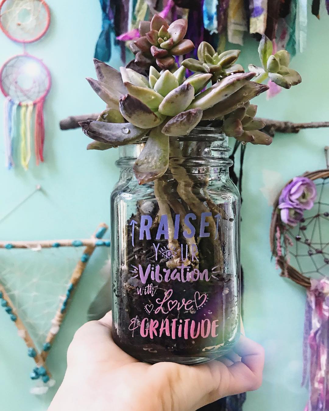 Set of 2 Raise Your Vibration Mason Jars with Love & Gratitude design, perfect for drinks or decor.