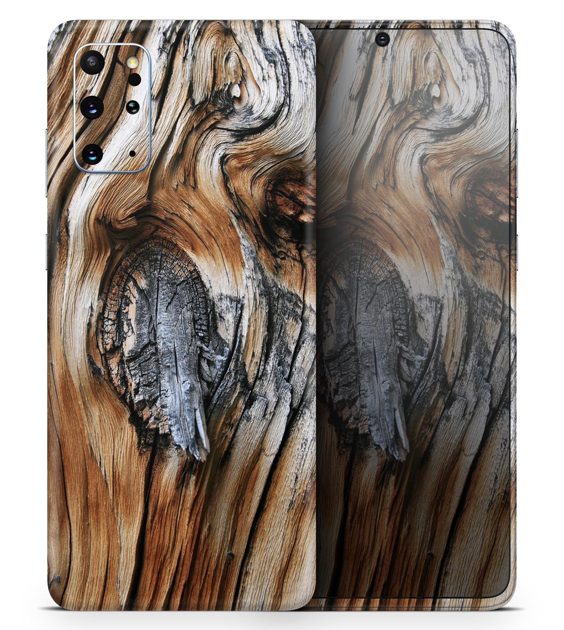 Raw Aged Knobby Wood Skin-Kit for Samsung Galaxy S20, showcasing a stylish wood texture and premium finish.