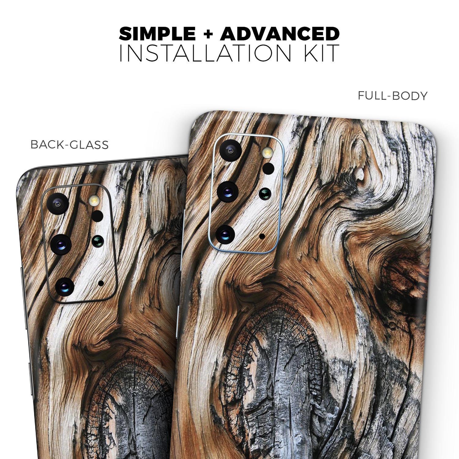 Raw Aged Knobby Wood Skin-Kit for Samsung Galaxy S20, showcasing a stylish wood texture and premium finish.