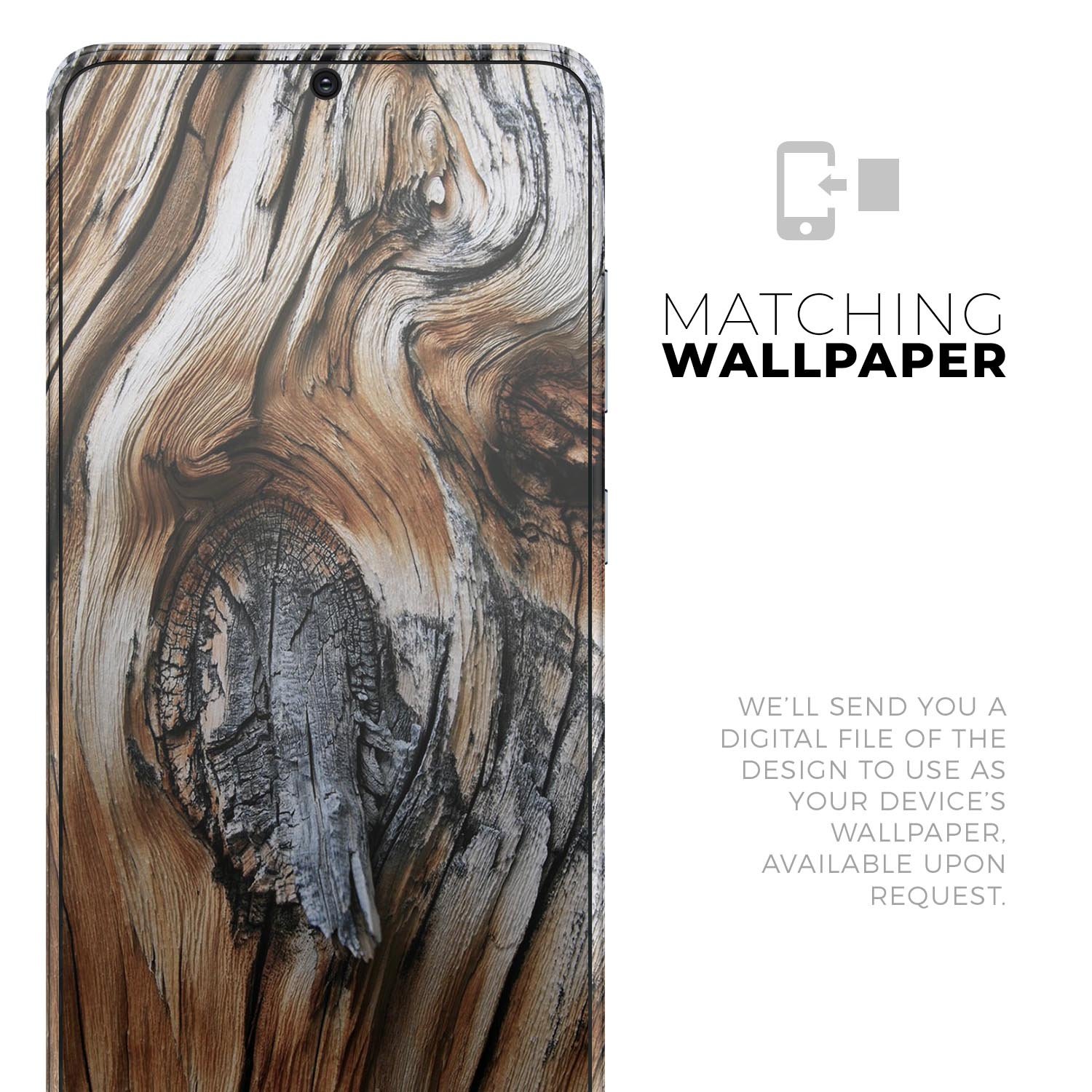 Raw Aged Knobby Wood Skin-Kit for Samsung Galaxy S20, showcasing a stylish wood texture and premium finish.