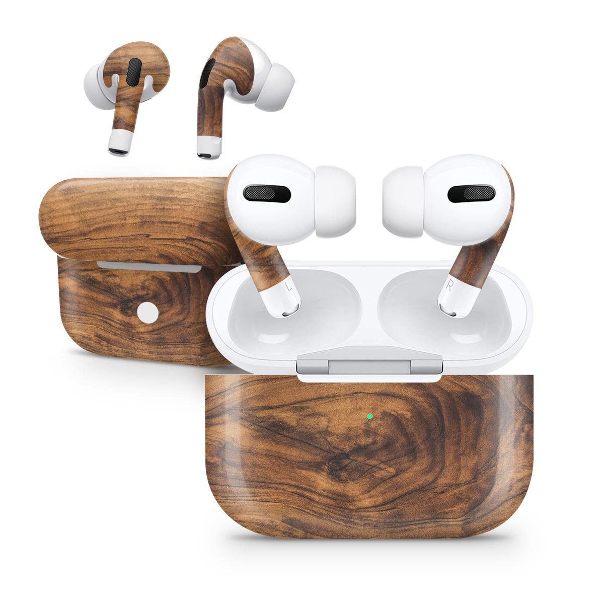 Raw Wood Planks V11 skin decal wrap kit for Apple AirPods Pro, showcasing a stylish wood design with a matte finish.
