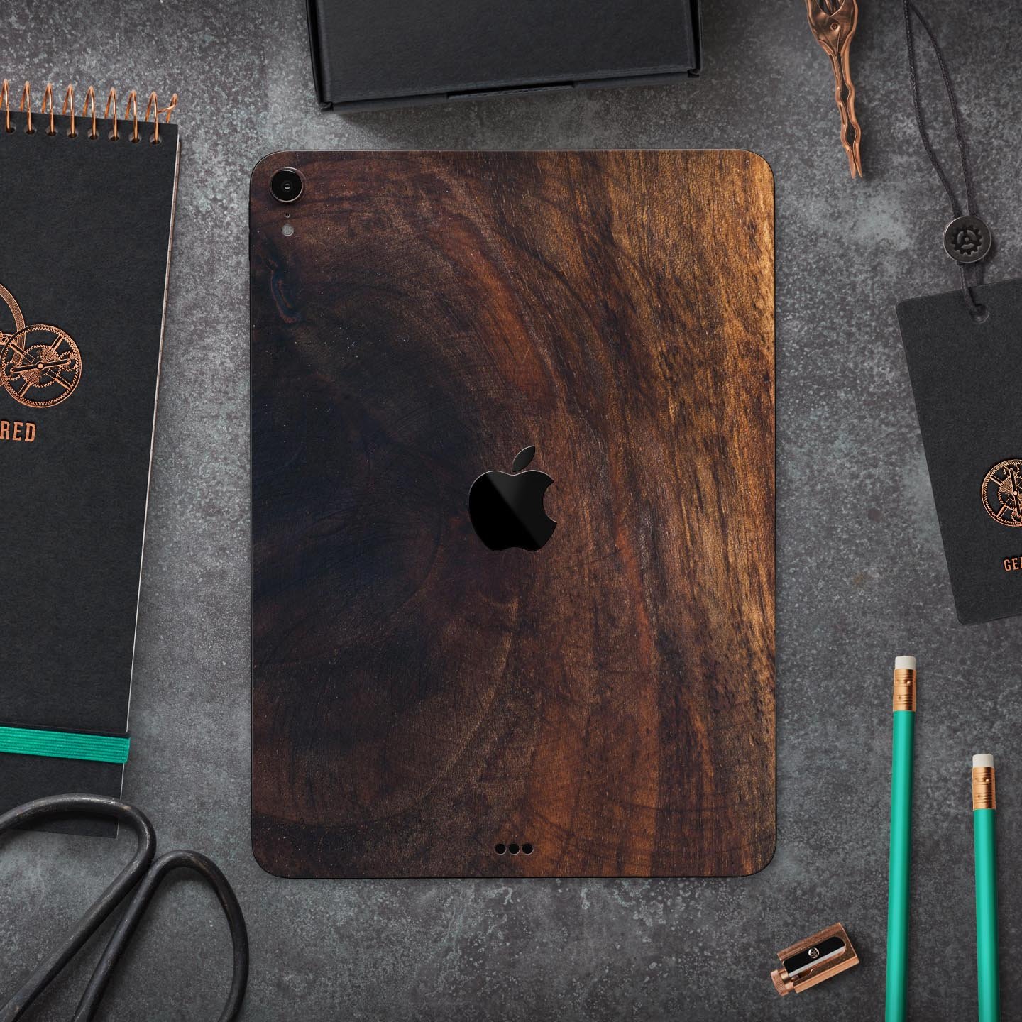 Raw Wood Planks V13 skin decal for Apple iPad Pro, showcasing a rustic wood design with a premium finish.