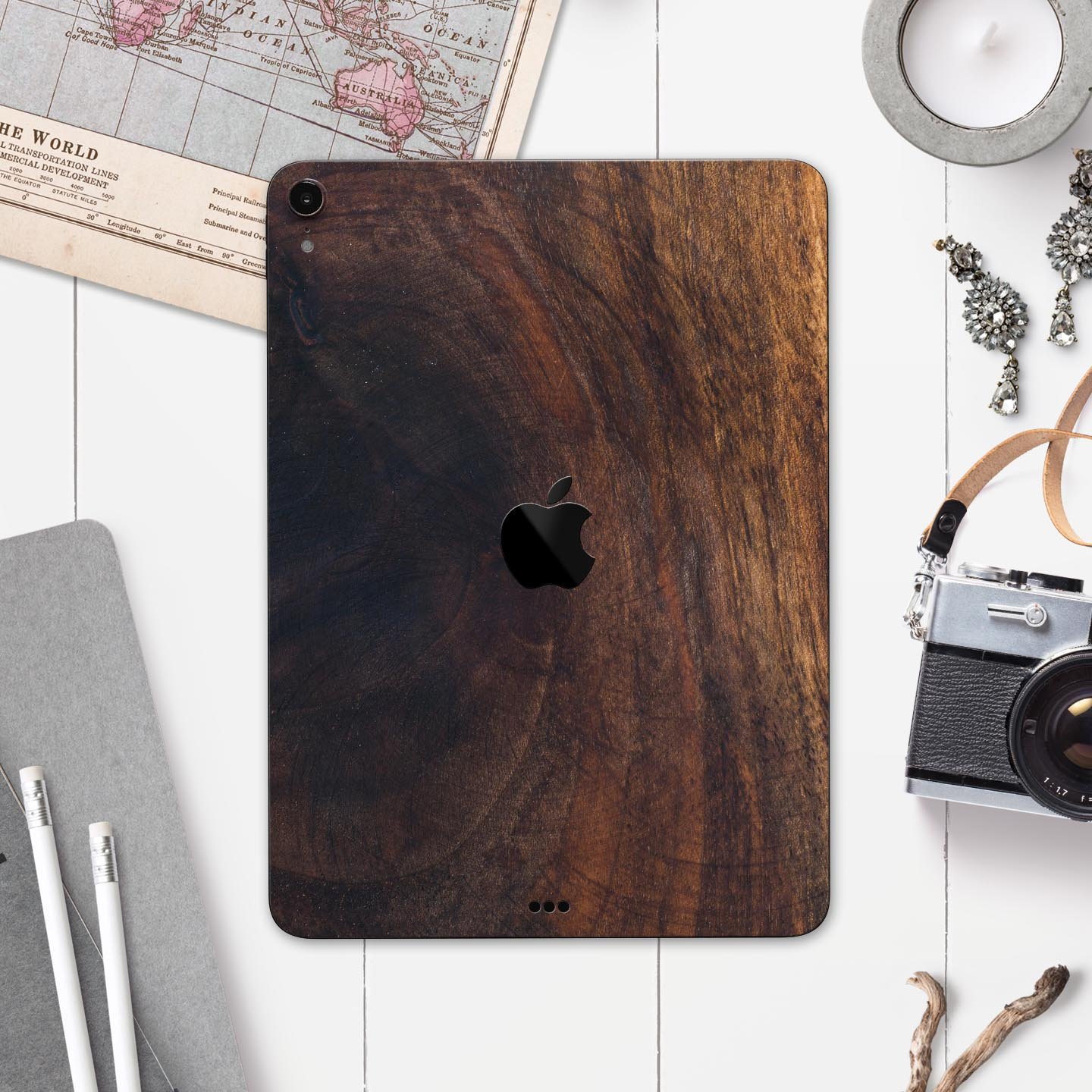 Raw Wood Planks V13 skin decal for Apple iPad Pro, showcasing a rustic wood design with a premium finish.