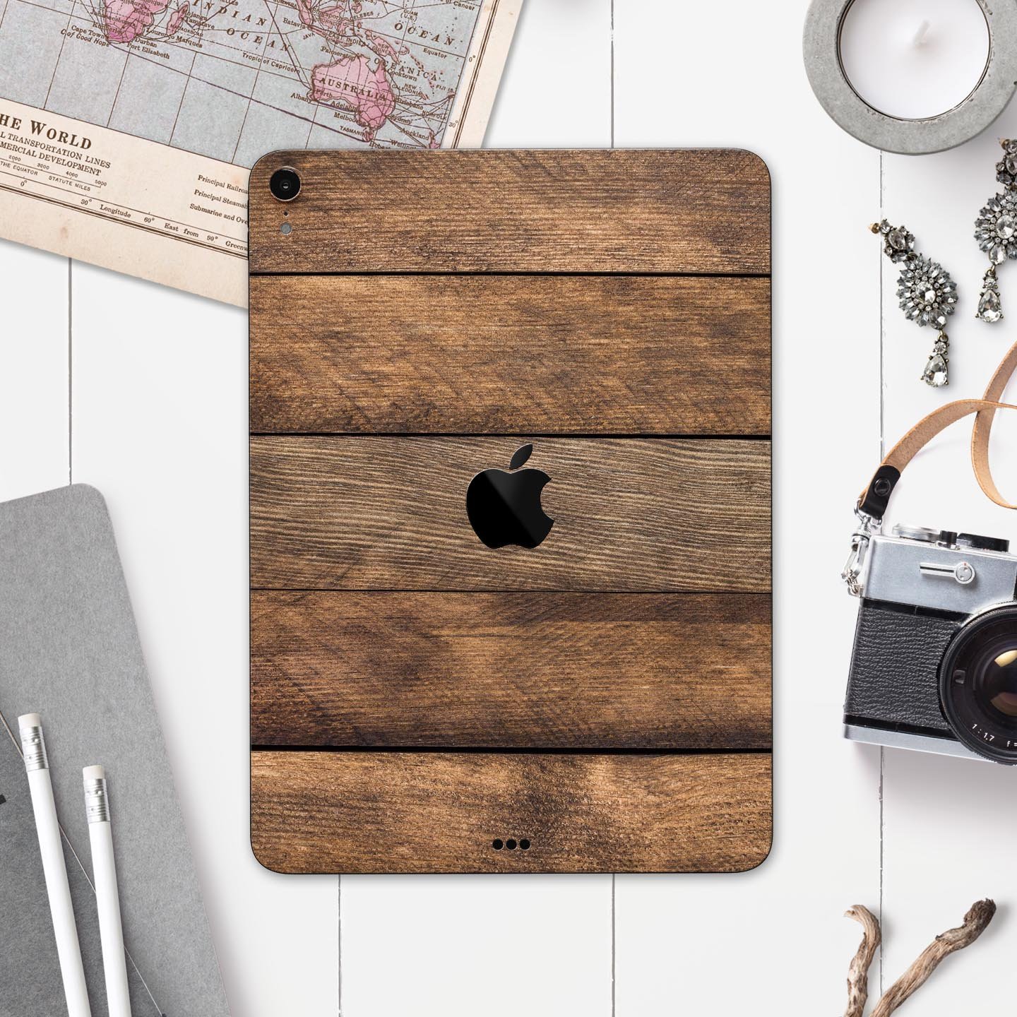 Raw Wood Planks V9 skin decal for Apple iPad Pro, showcasing a natural wood design with a sleek finish.