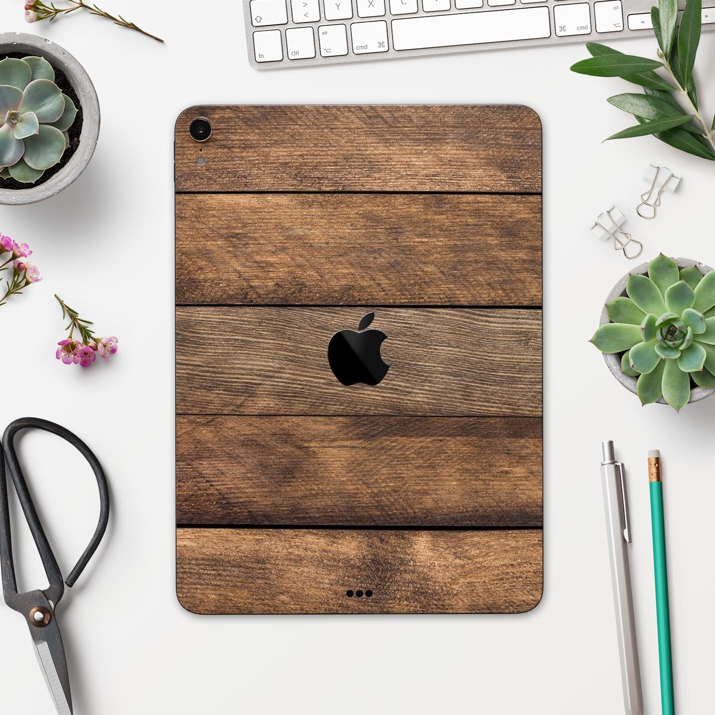 Raw Wood Planks V9 skin decal for Apple iPad Pro, showcasing a natural wood design with a sleek finish.