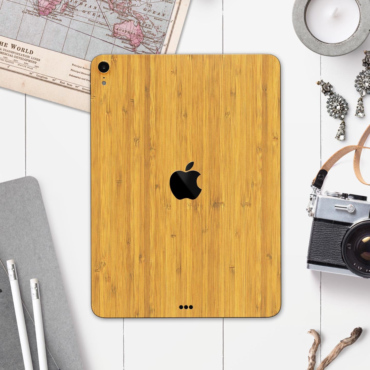 Real Light Bamboo Wood Full Body Skin Decal for Apple iPad Pro, showcasing its natural wood finish and ultra-thin design.